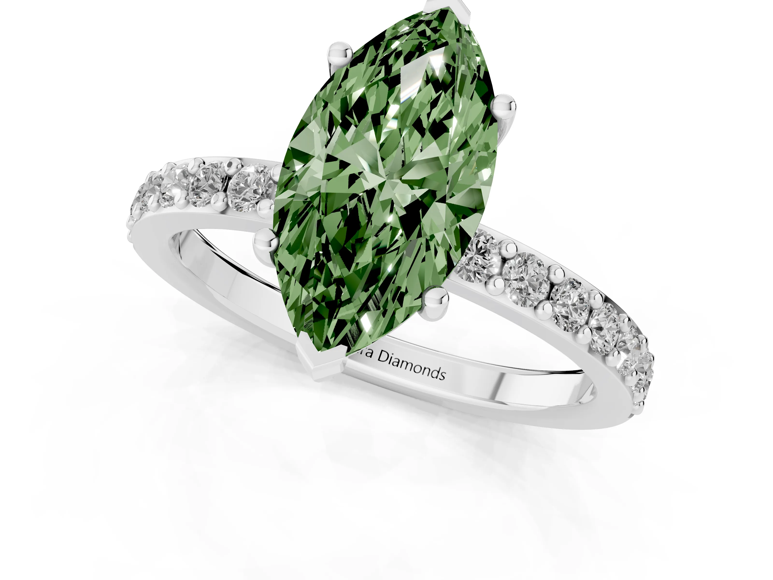 Fancy Green Marquise Cut Diamond Solitaire Set in White gold with Round Pavé Band and Prong Setting