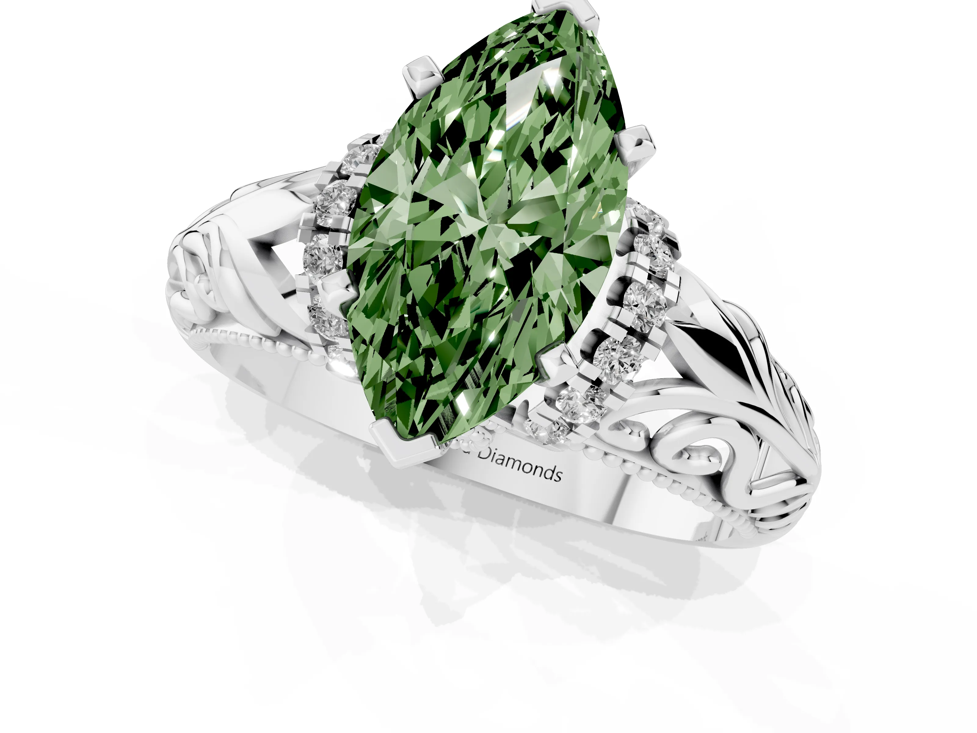 Fancy Green Marquise Cut Diamond Filigree Halo Engagement Ring Set in White gold with Prong Setting