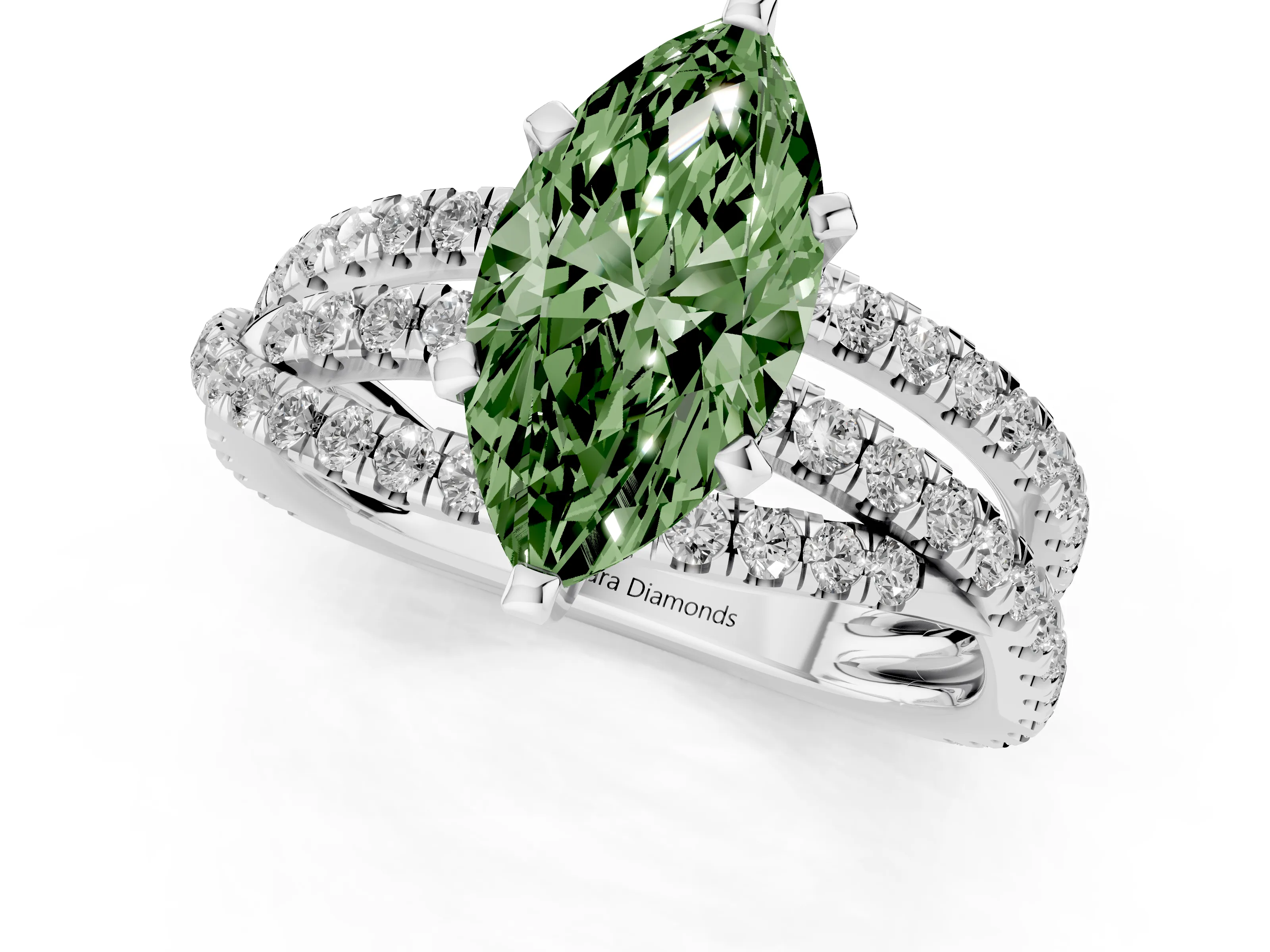 Fancy Green Marquise Cut Diamond Solitaire Twist Band Ring Set in Platinum with Pavé Setting and Prong Head