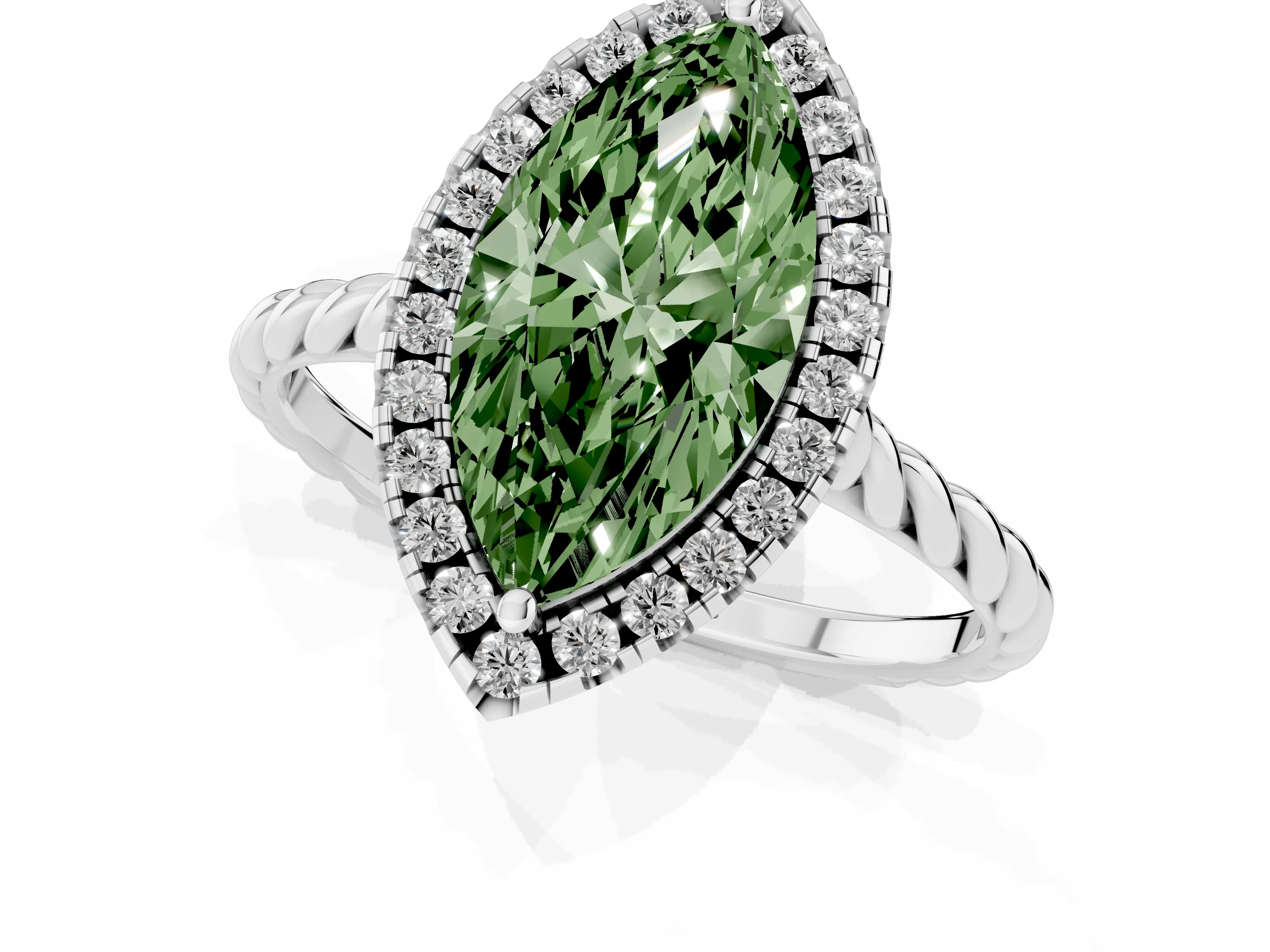 Fancy Green Marquise Cut Diamond Halo Ring Set in White gold with Plain Twisted Band