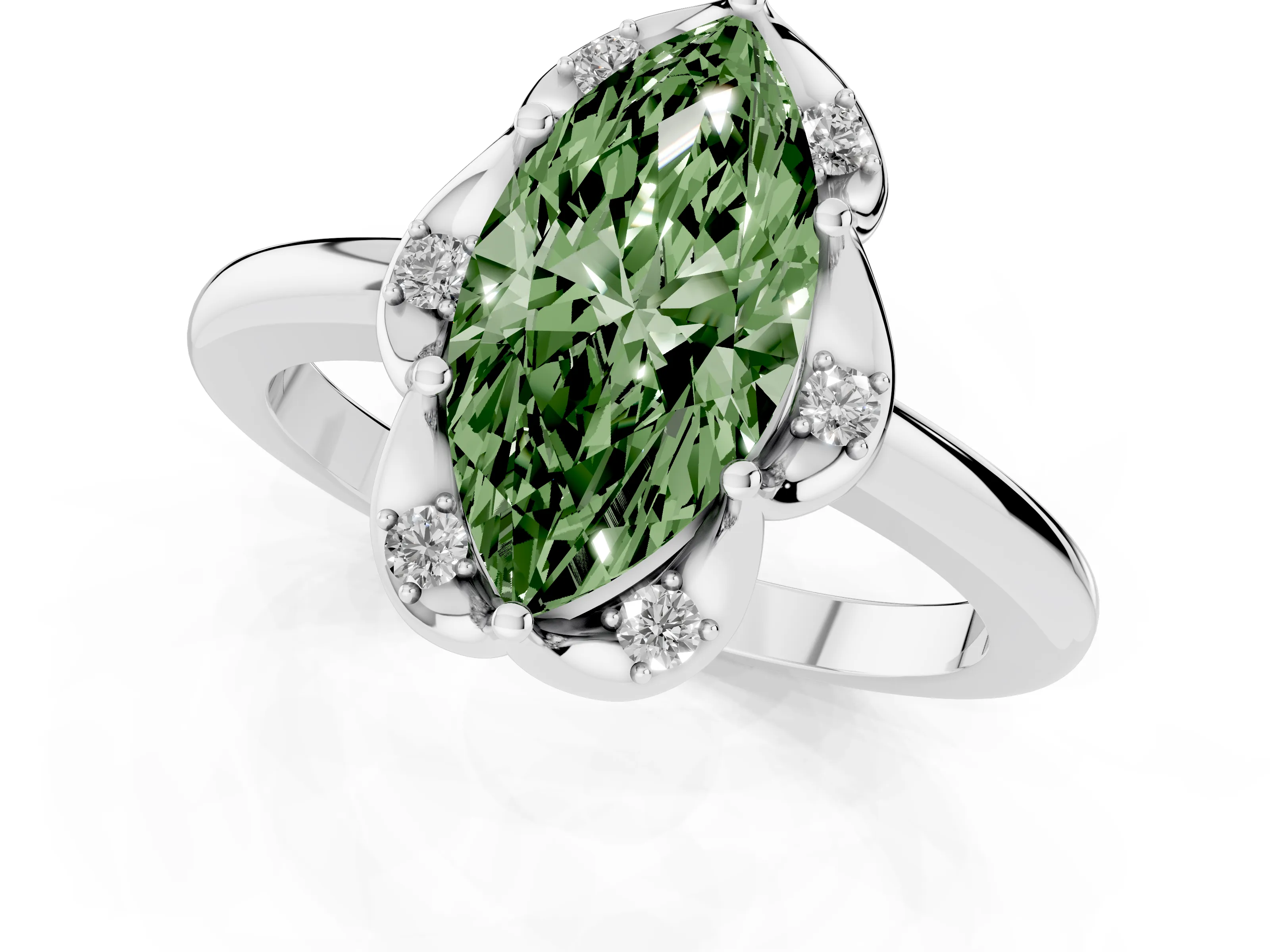 Fancy Green Marquise Cut Diamond Round Cluster Halo Ring Set in White gold with Solitaire Band and Prong Setting