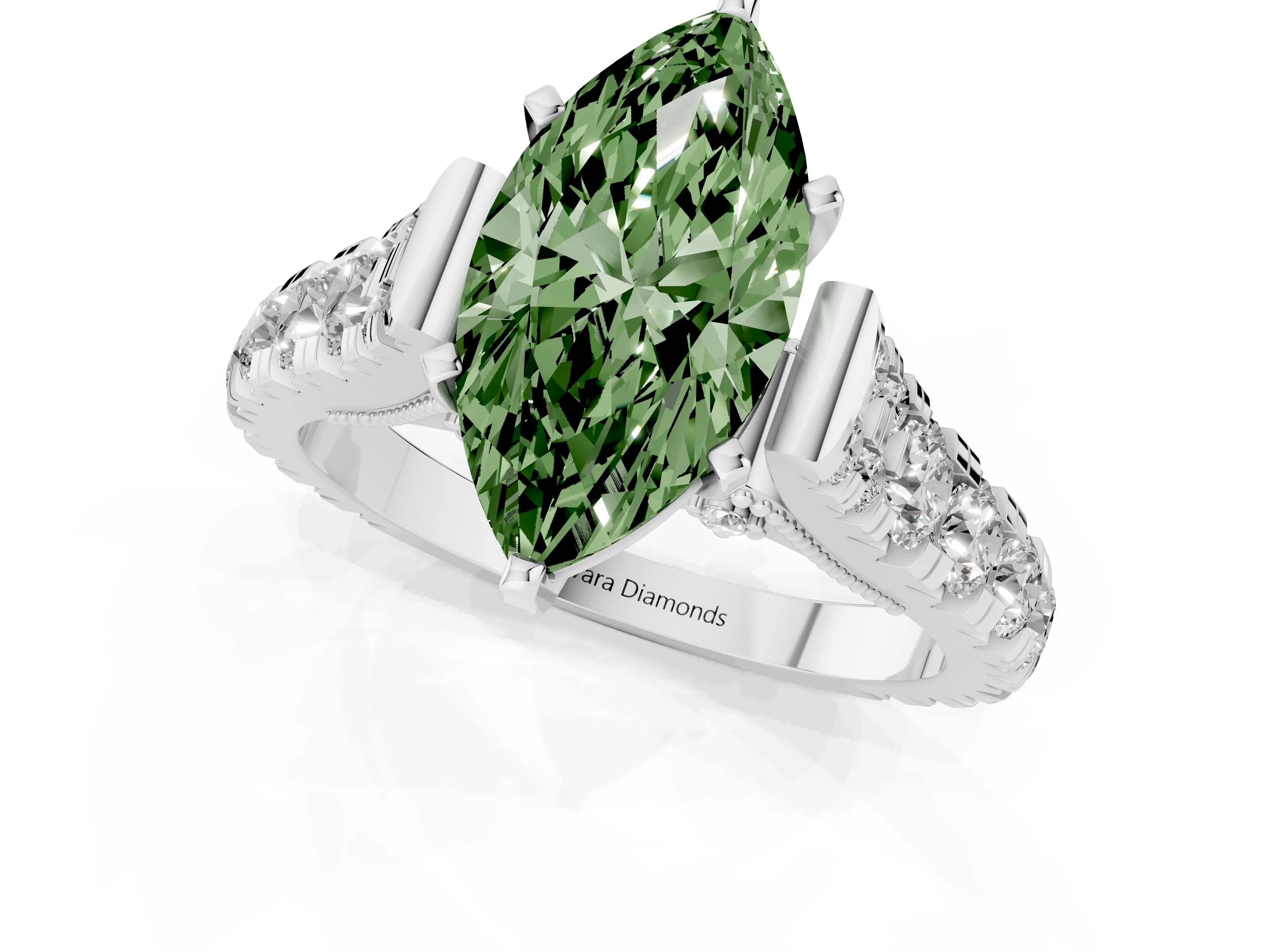 Fancy Green Marquise Cut Diamond Classic Solitaire Ring Set in Silver with Pavé Band and Prong Setting
