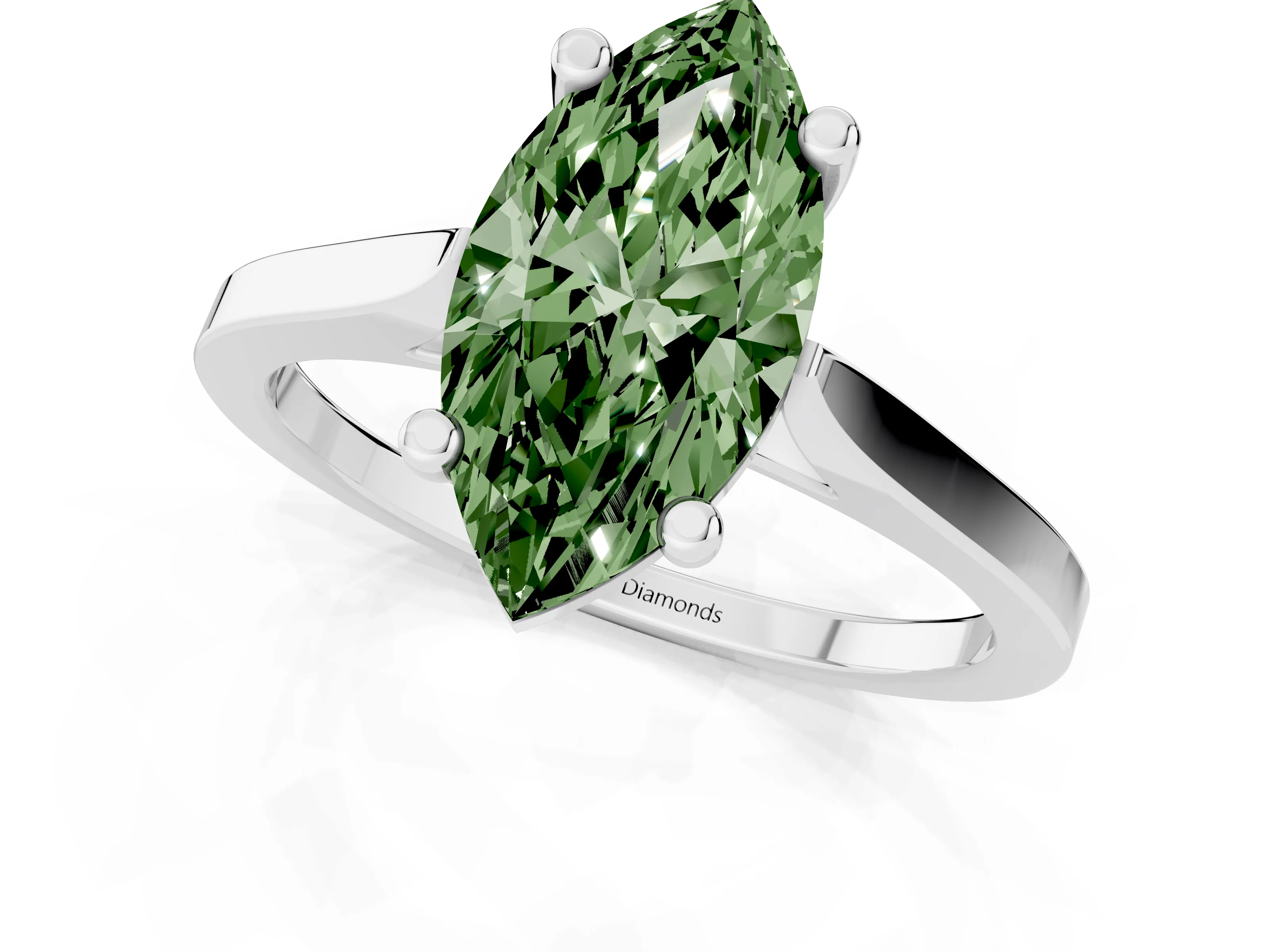 Fancy Green Marquise Cut Diamond Solitaire Ring Set in Platinum with Prong Setting and Tapered Band