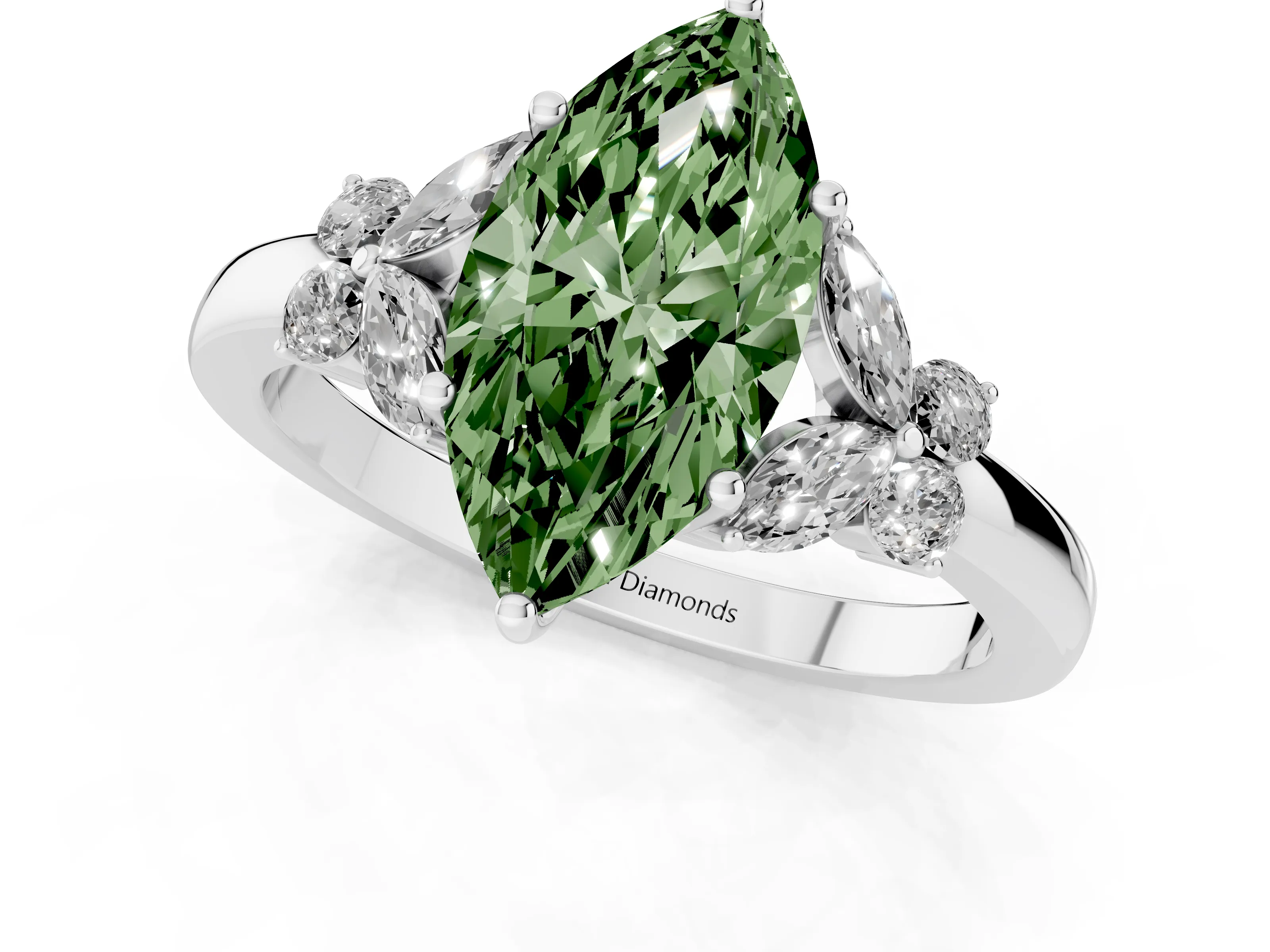Fancy Green Marquise Cut Diamond Solitaire Floral Ring Set in Platinum with Marquise Petals and Prong Setting