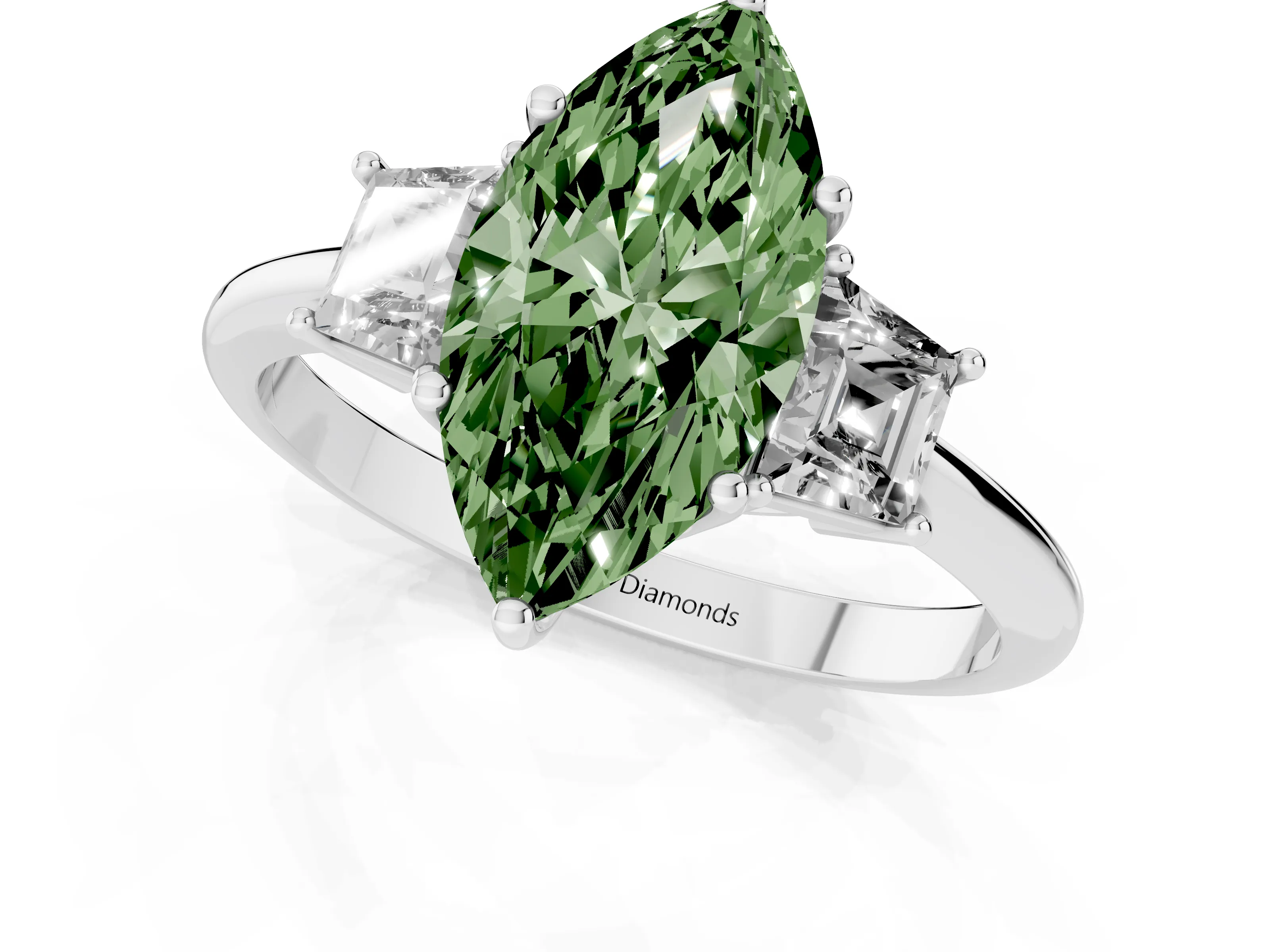 Fancy Green Marquise Cut Diamond Three-Stone Ring Set in Silver with Trapezoid Side Stones and Prong Setting