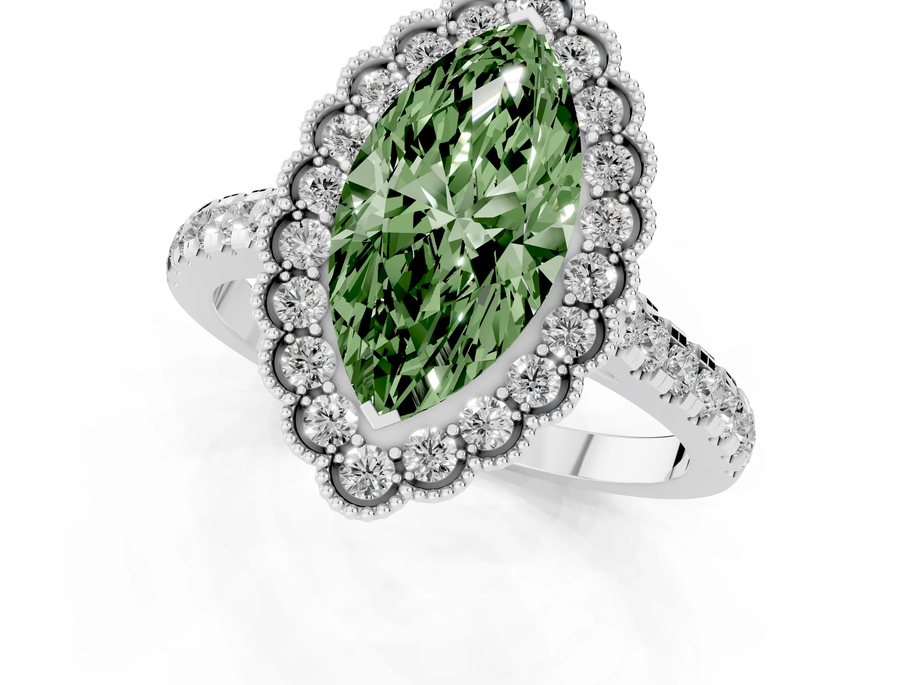 Fancy Green Marquise Cut Diamond Milgrain Floral Halo Engagement Ring Set in White gold with Pavé Band