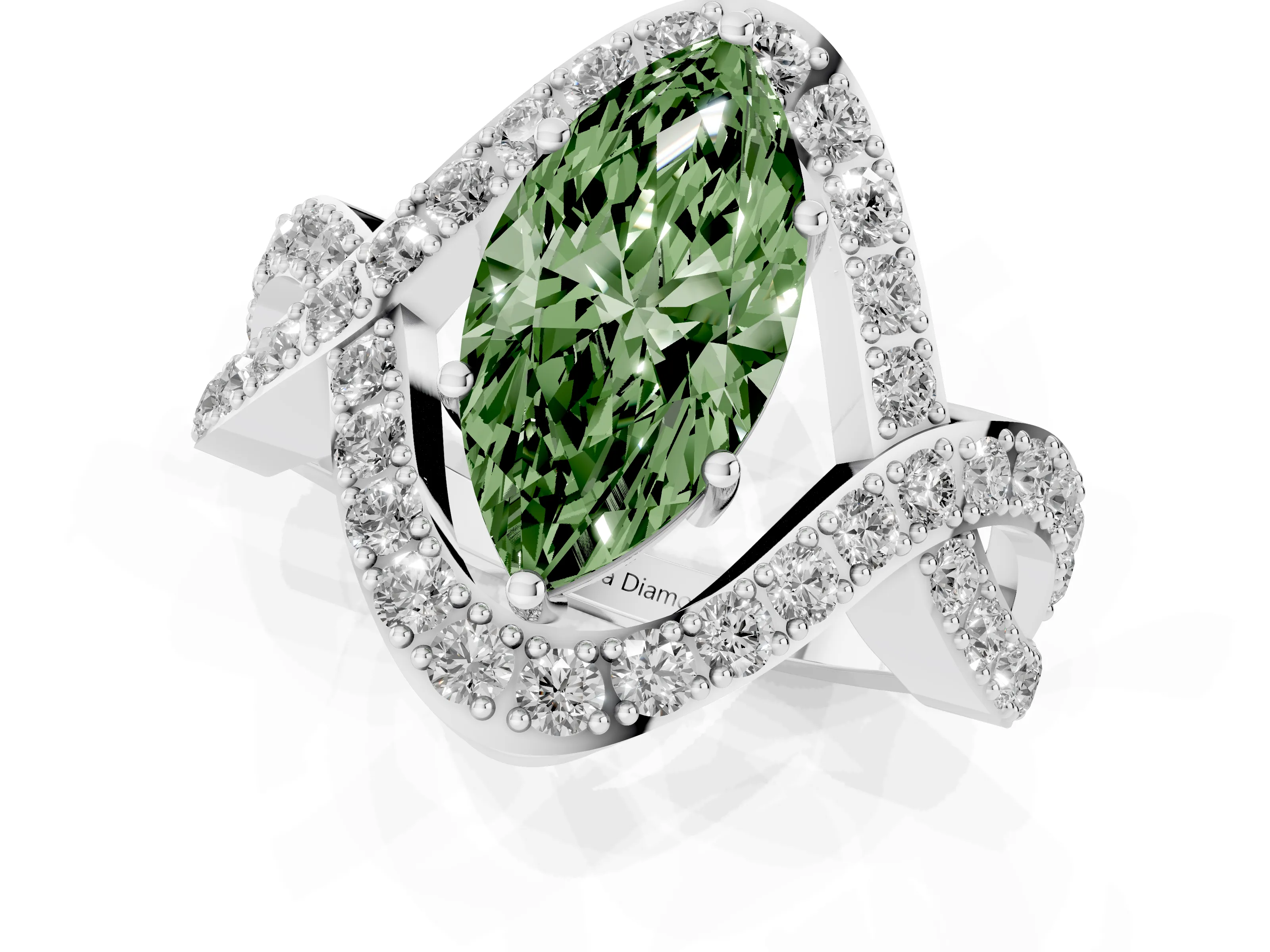 Fancy Green Marquise Cut Diamond Solitaire Twist Band Pavé Engagement Ring Set in Silver