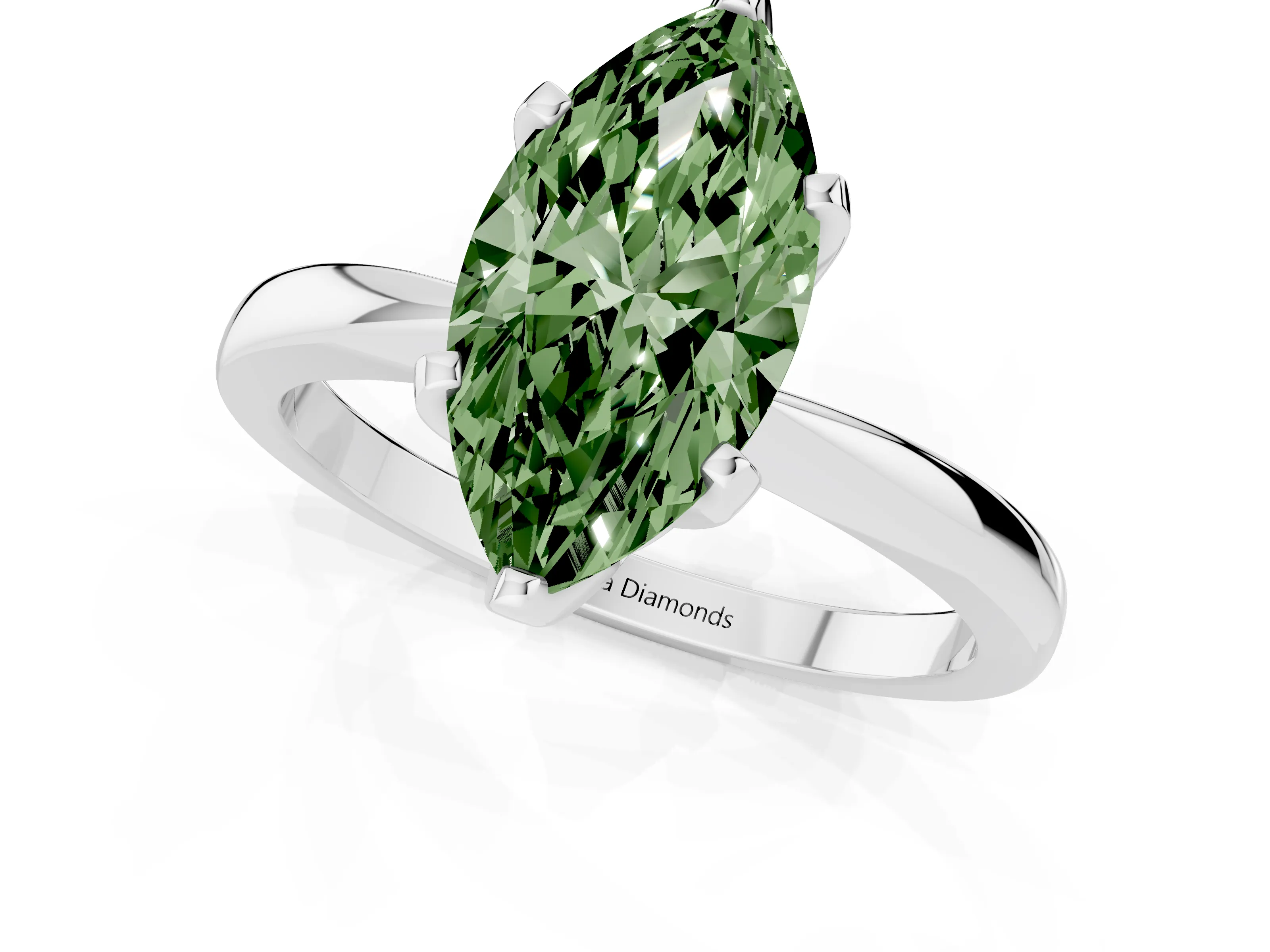 Fancy Green Marquise Cut Diamond Solitaire Engagement Ring Set in White gold with Slim Tapered Solitaire Band