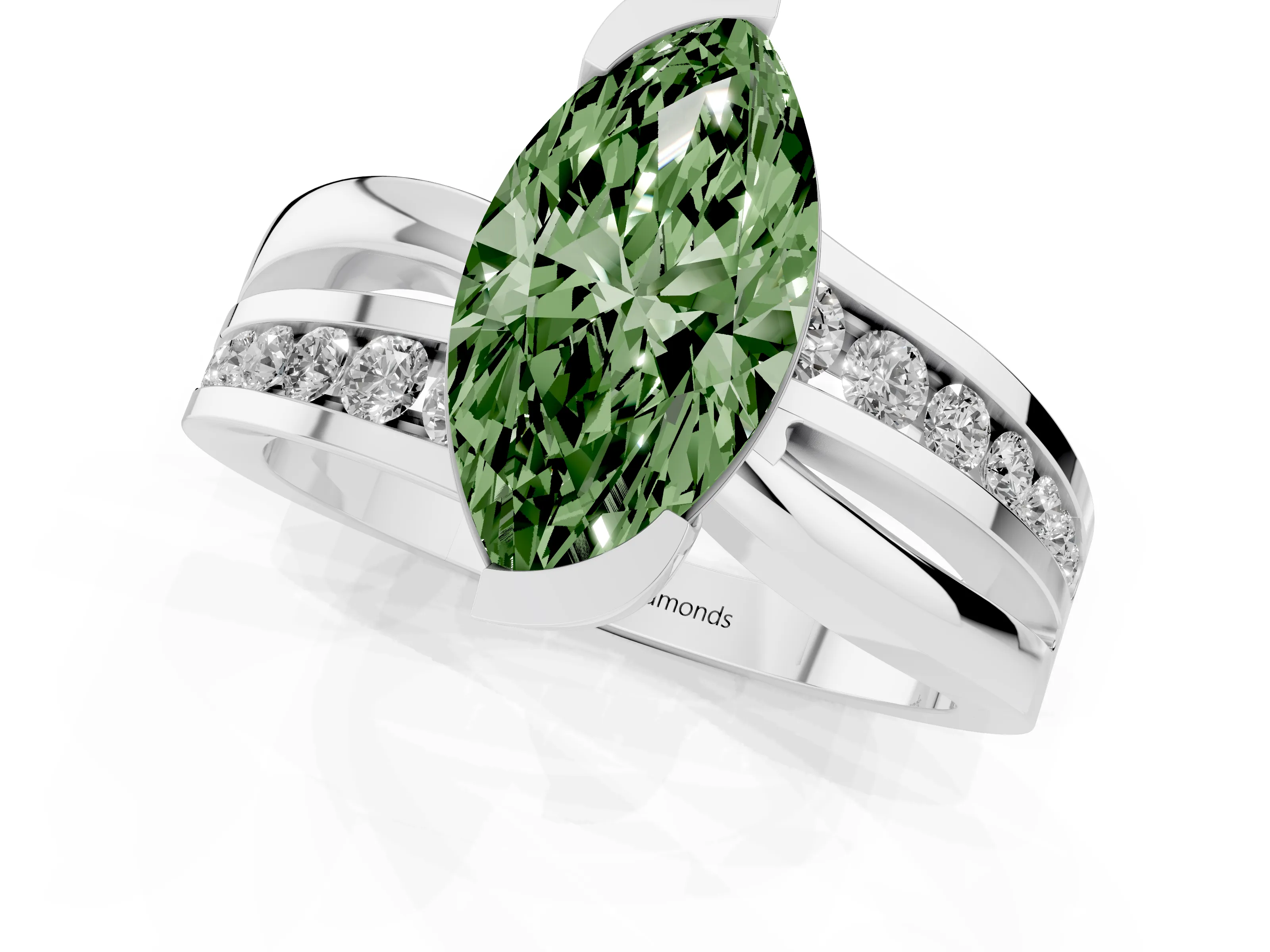 Fancy Green Marquise Cut Diamond Solitaire Ring Set in Silver with Channel Set Split Shank and Tension Prongs