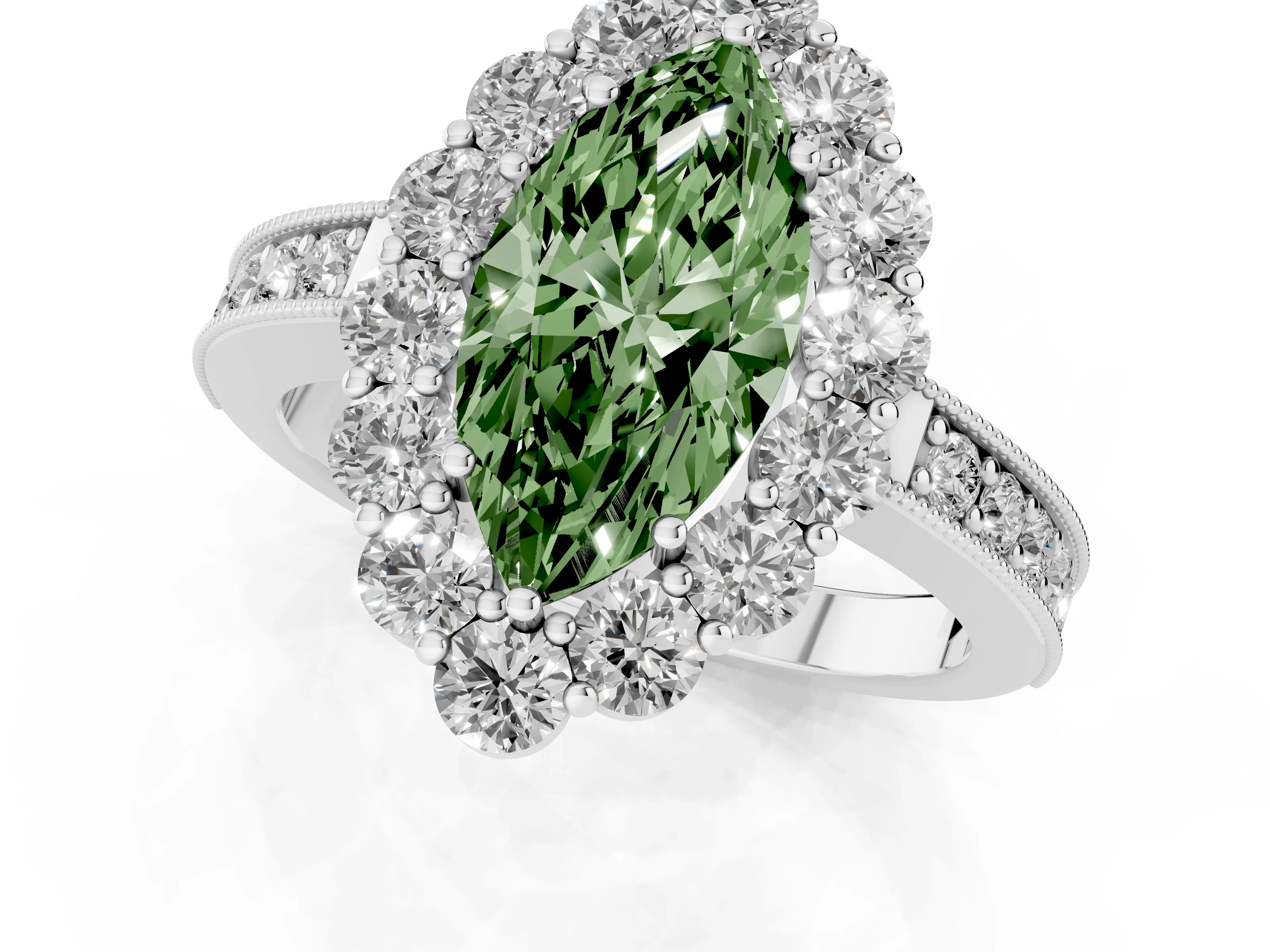Fancy Green Marquise Cut Diamond Halo Pavé Engagement Ring Set in White gold with Milgrain Detailing