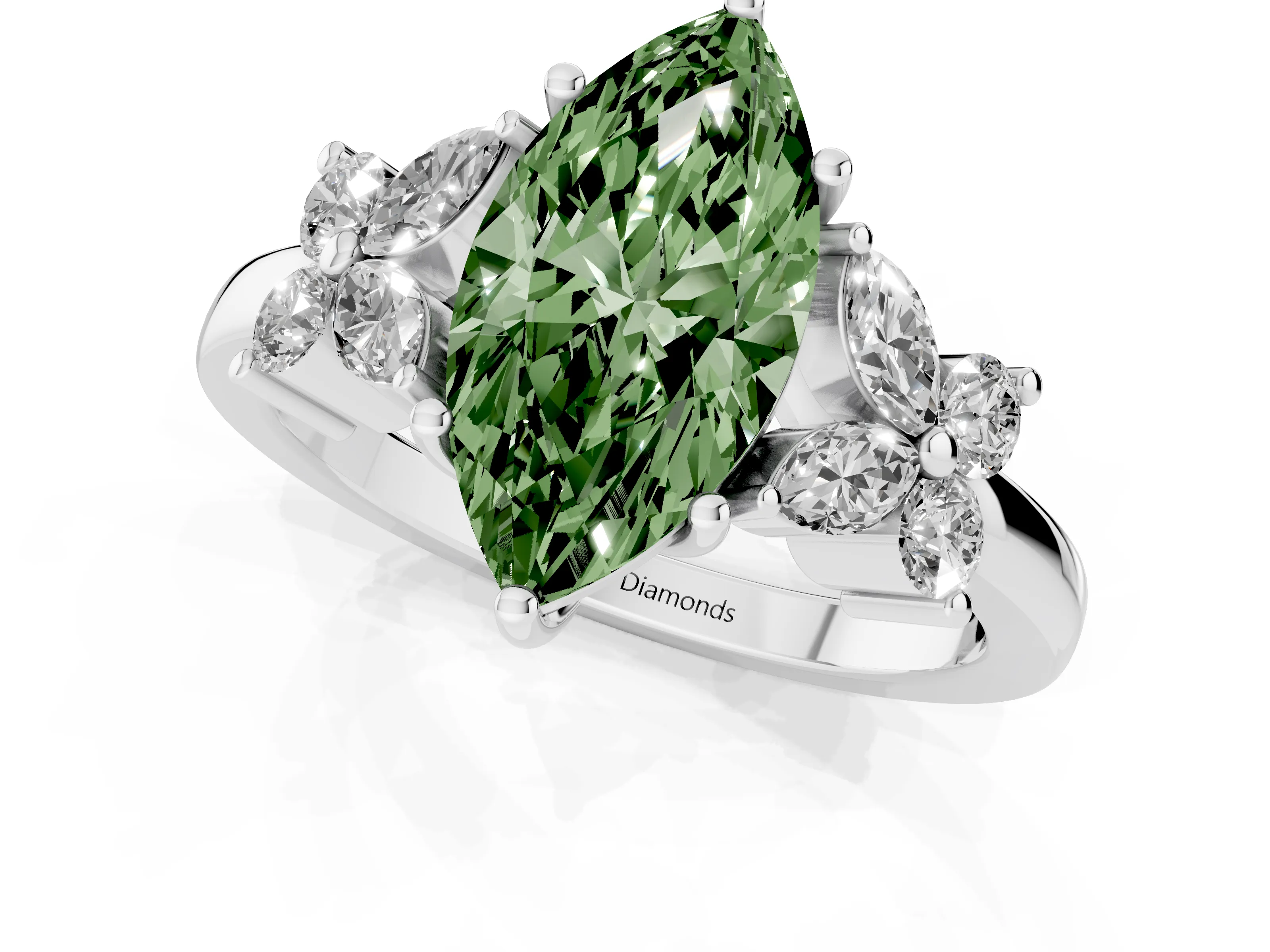 Fancy Green Marquise Cut Diamond Floral Cluster Ring Set in Silver with Marquise Petals and Prong Setting