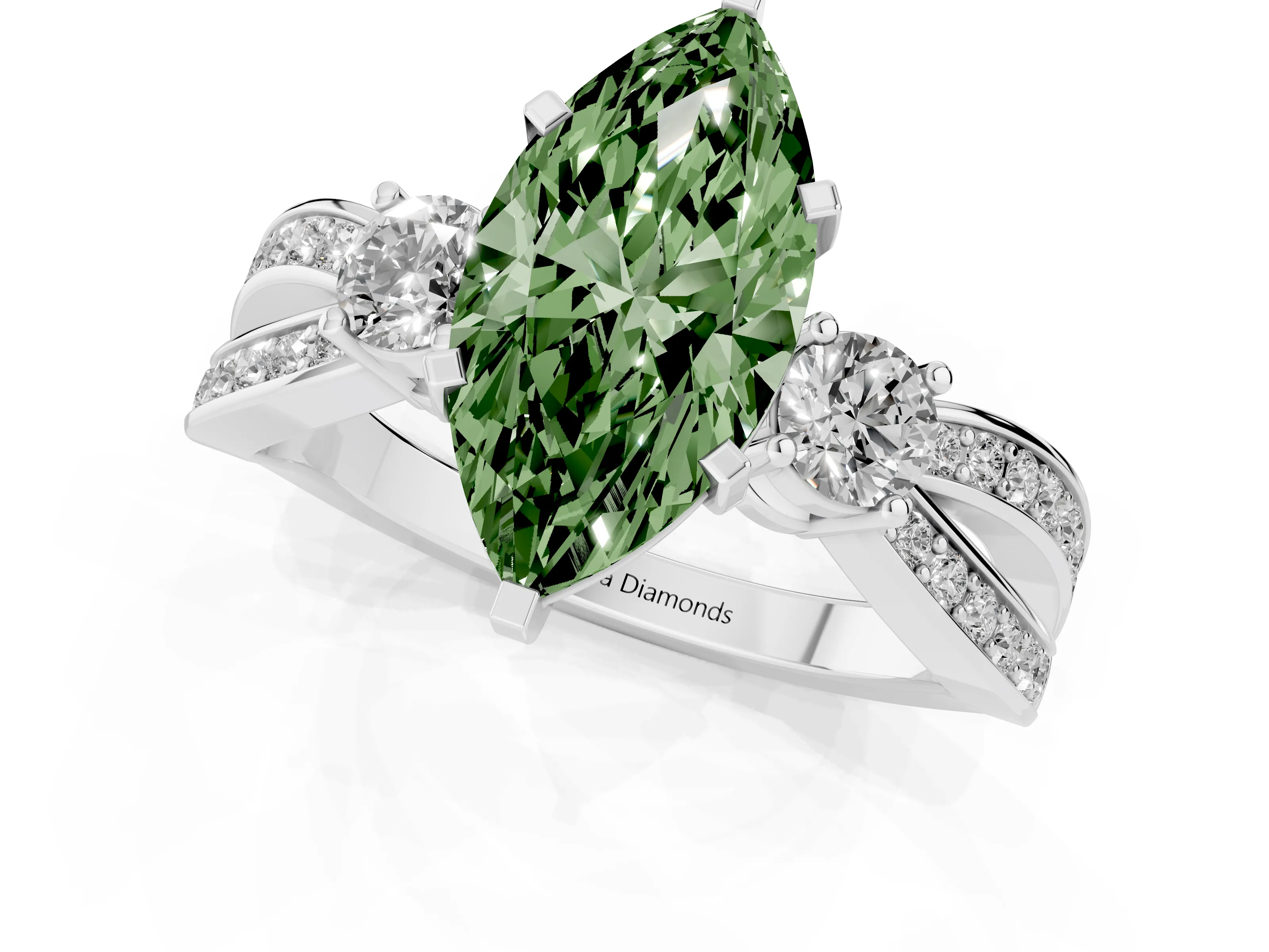 Fancy Green Three-Stone Marquise Cut Diamond Twist Band Ring Set in Silver with Pavé Accents and Prong Setting