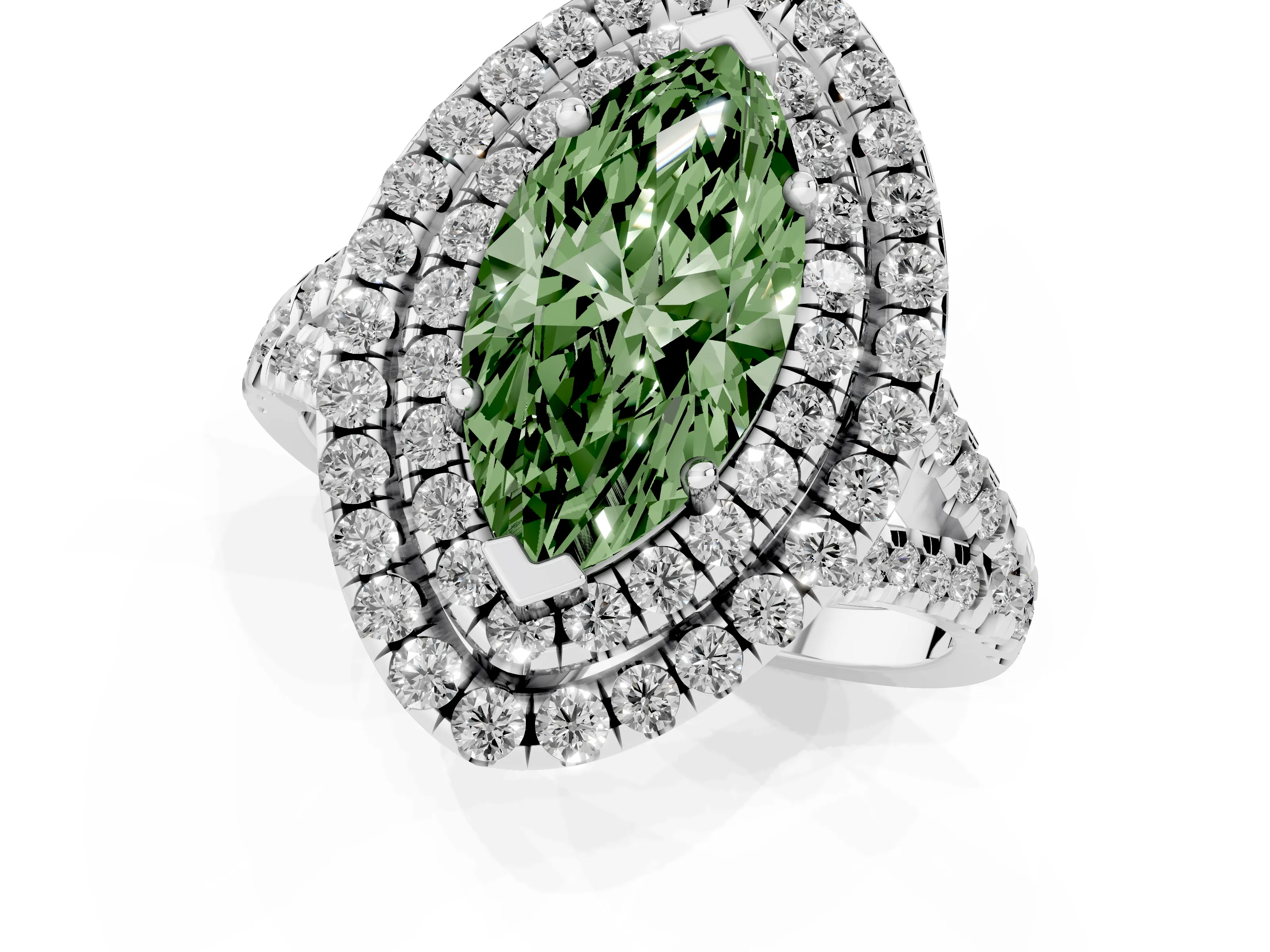 Fancy Green Marquise Cut Diamond Double Halo Ring Set in Platinum with Pavé Split Shank and Prong Setting
