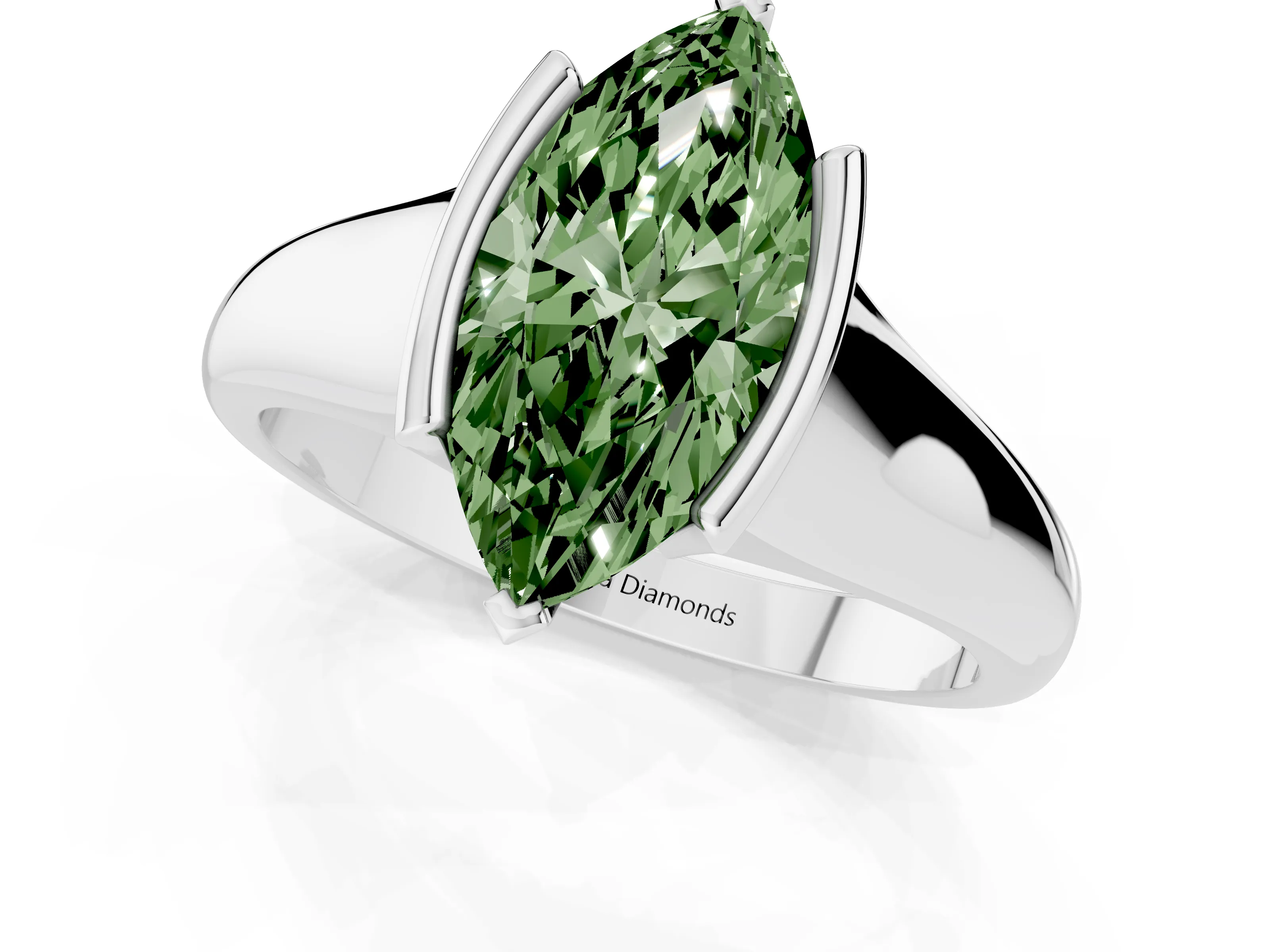 Fancy Green Marquise Cut Diamond Solitaire Tension Set Ring Set in White gold with Split Shank Band