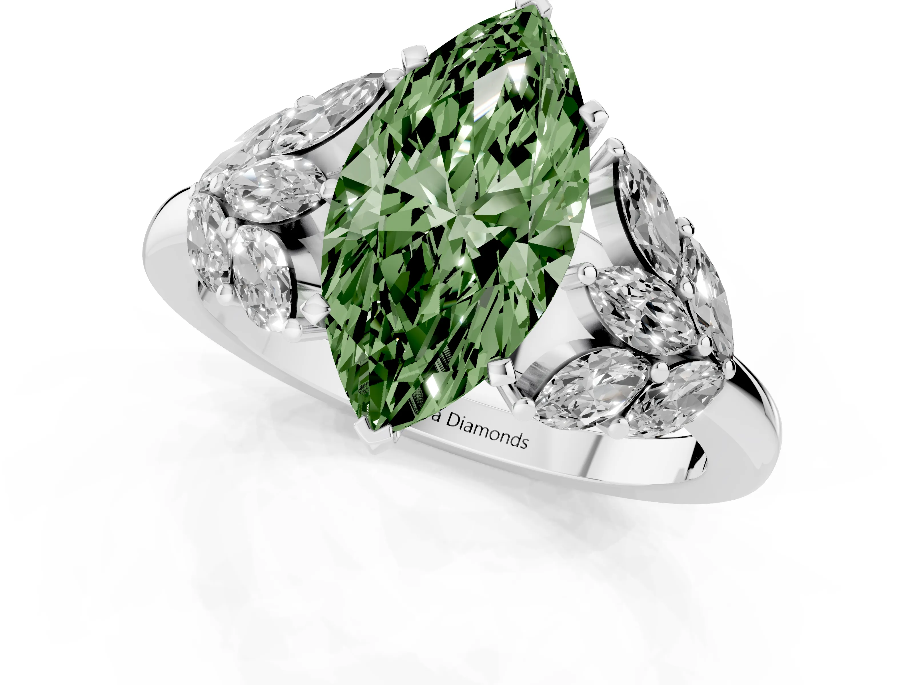 Fancy Green Marquise Cut Diamond Cluster Leaf Design Ring Set in Silver with Prong Setting