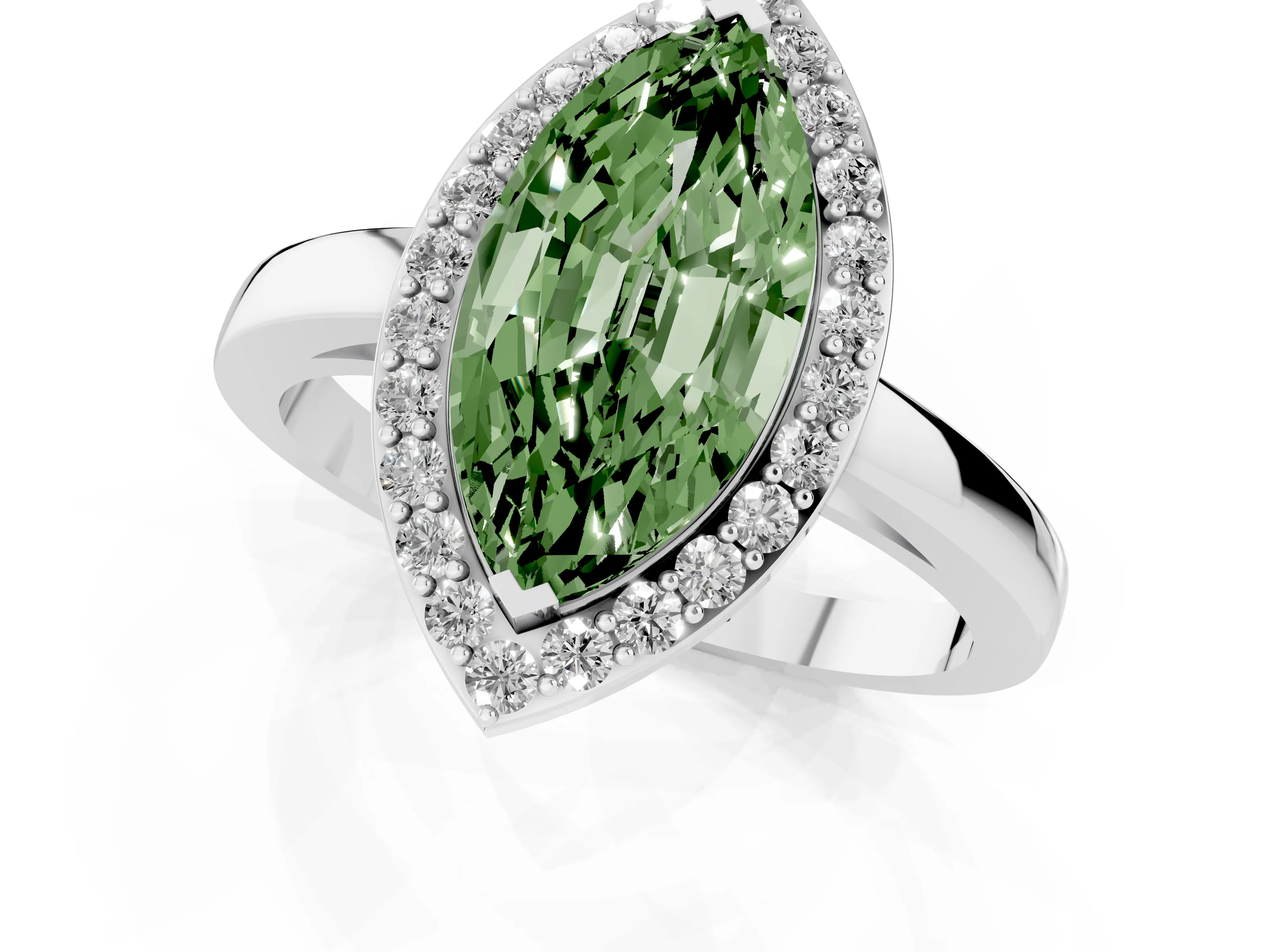 Fancy Green Marquise Cut Diamond Halo Ring Set in White gold with Solitaire Band and Prong Setting