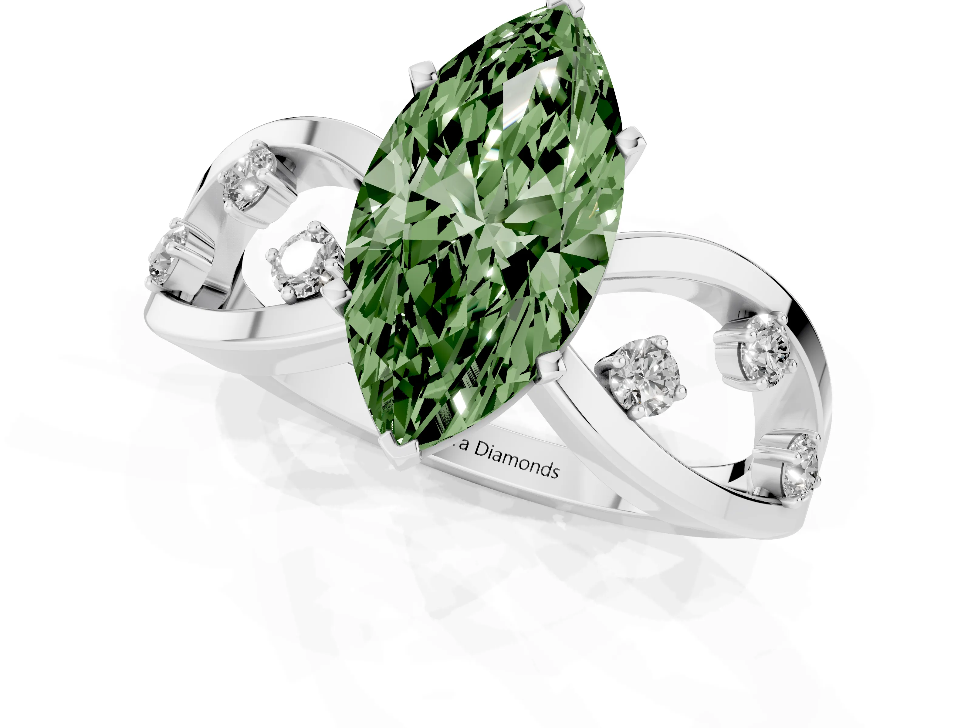 Fancy Green Marquise Cut Diamond Solitaire Ring Set in White gold with Side Stones on Criss-Cross Band and Prong Setting