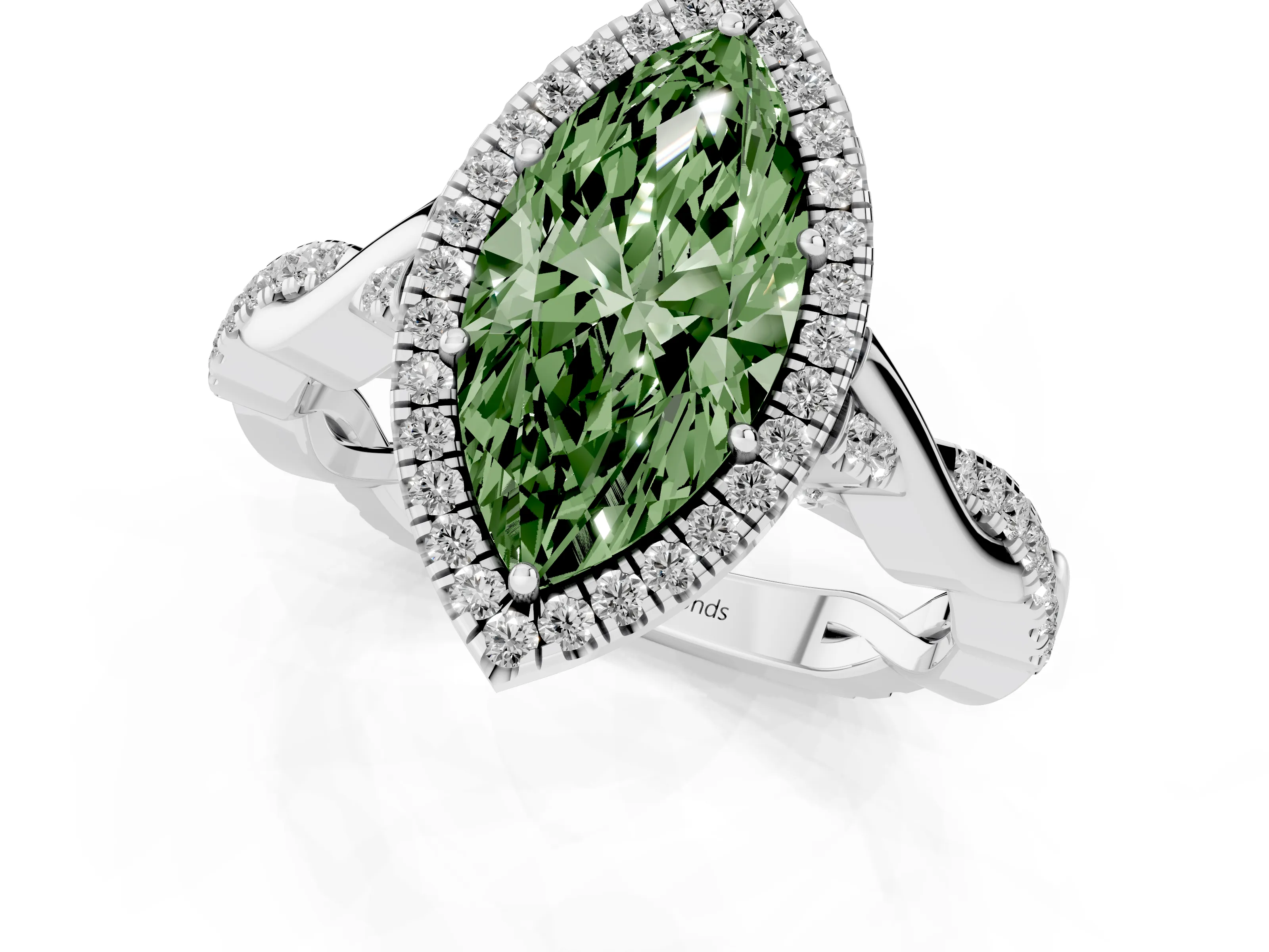Fancy Green Marquise Cut Diamond Halo Twist Band Solitaire Ring Set in White gold with Prong Setting