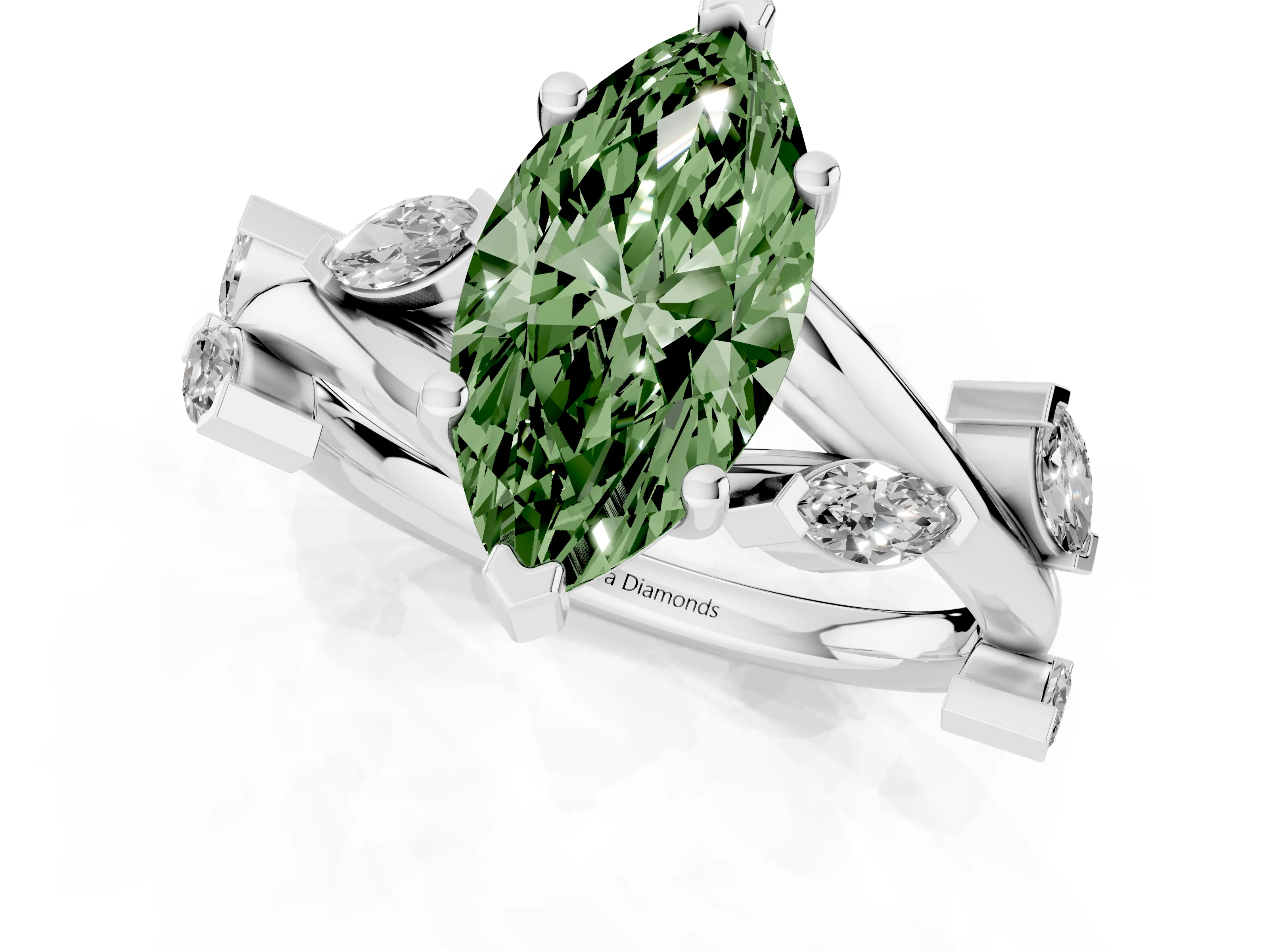 Fancy Green Marquise Cut Diamond Solitaire Ring Set in White gold with Twisted Marquise Accent Band
