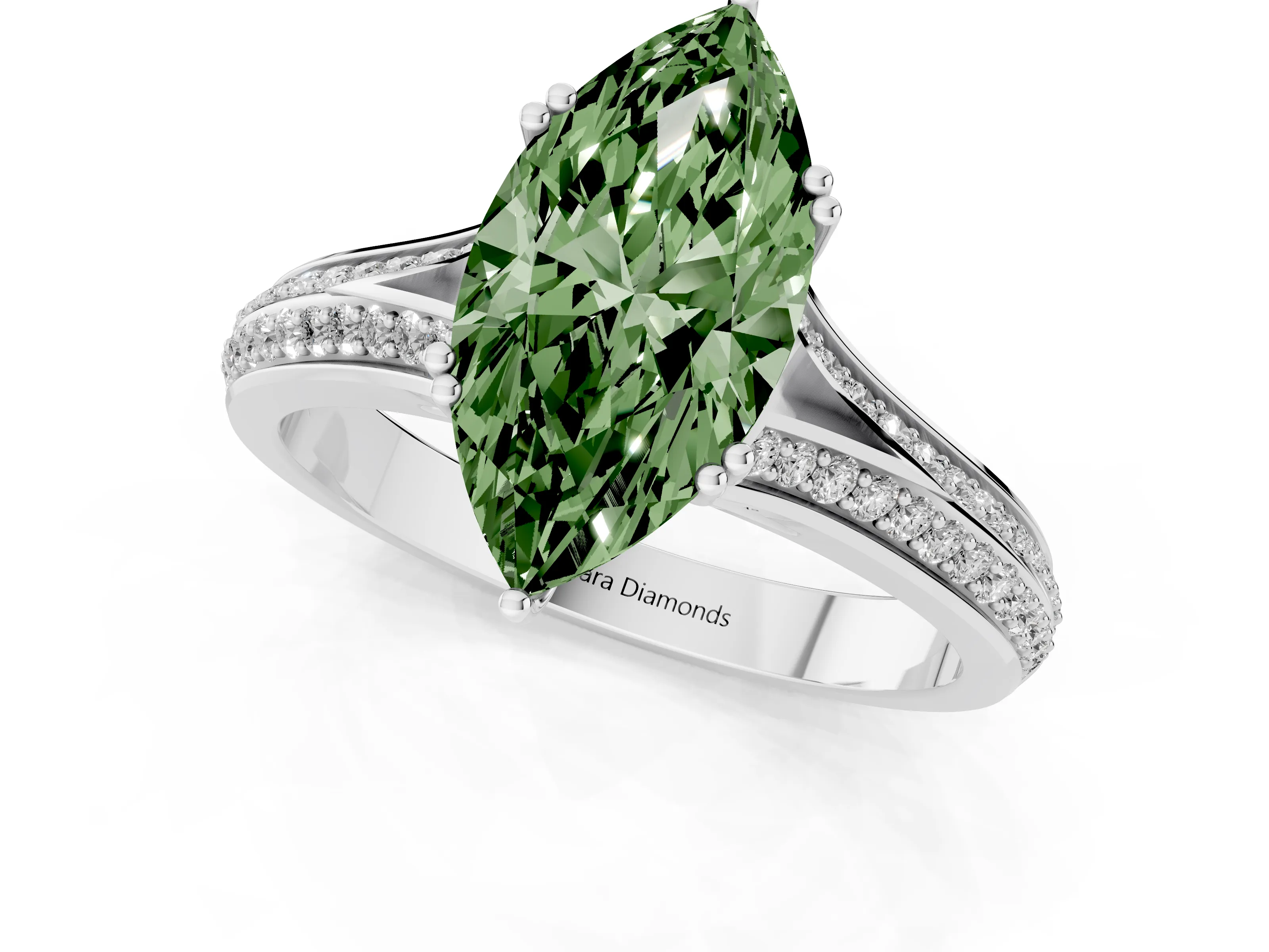 Fancy Green Marquise Cut Diamond Split Shank Pavé Engagement Ring Set in White gold with Prong-Set Center Stone