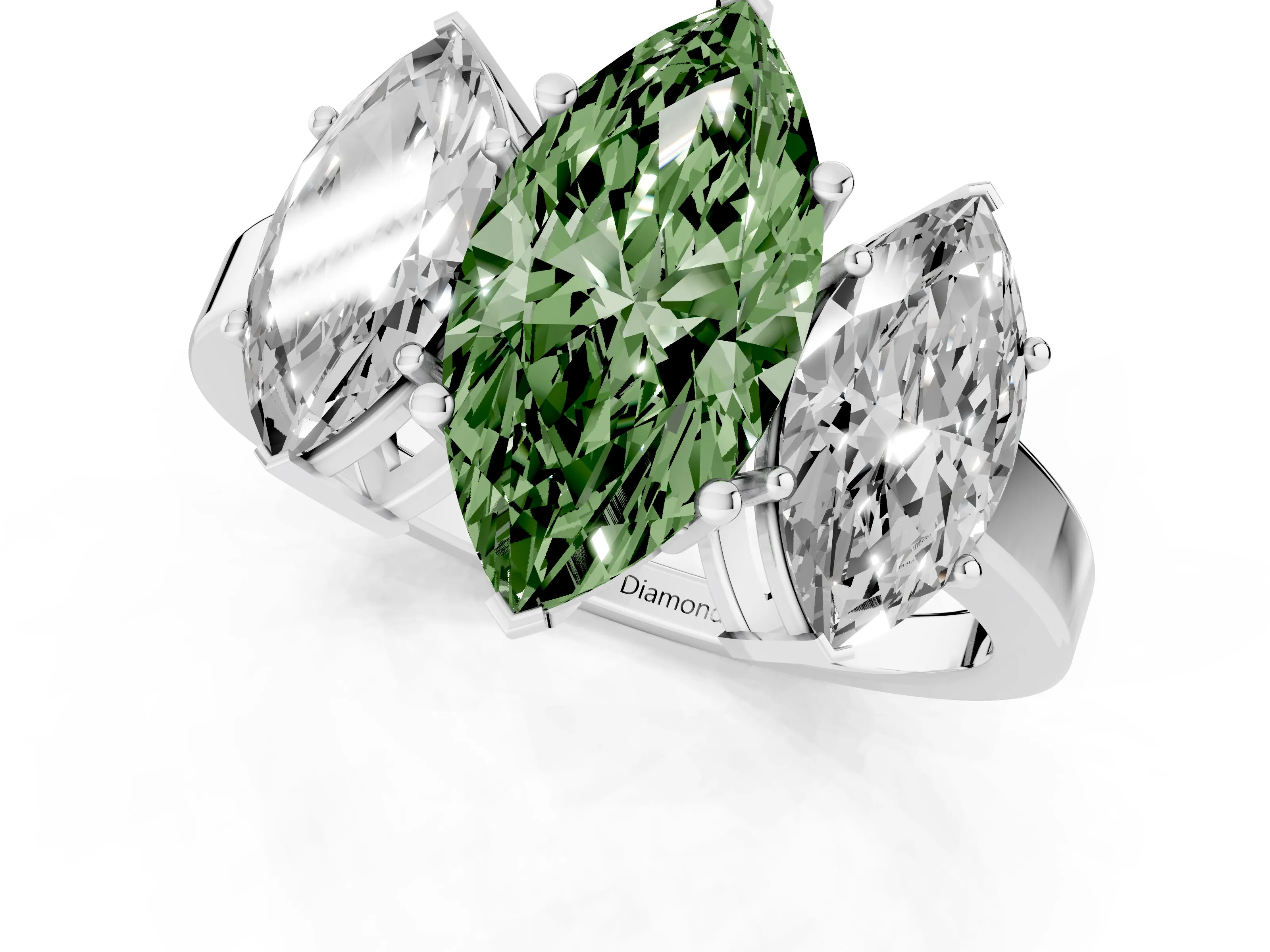 Fancy Green Marquise Cut Diamond Three-Stone Engagement Ring Set in Platinum with Flat Band