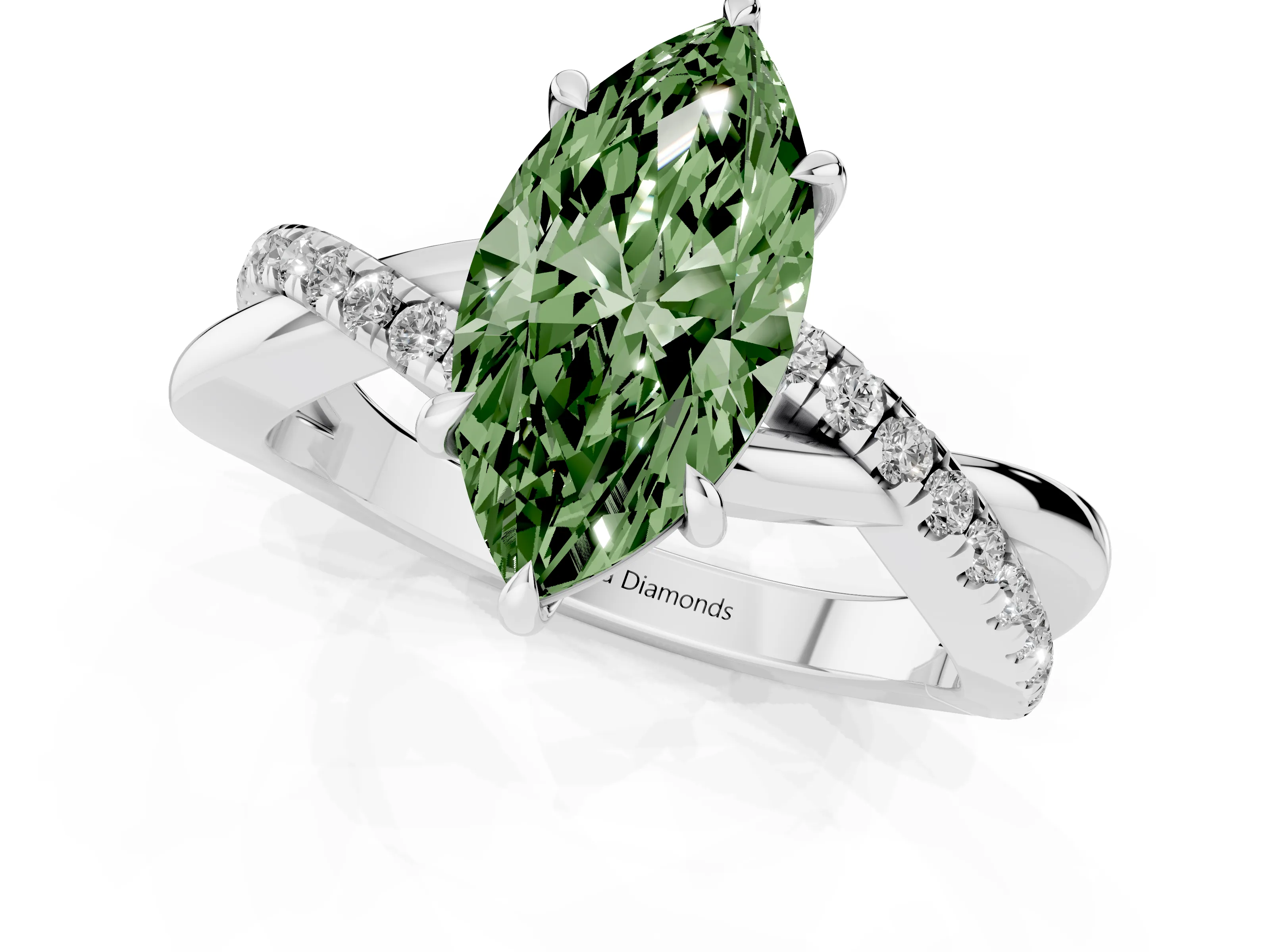 Fancy Green Marquise Cut Diamond Twisted Pavé Band Ring Set in Silver with Prong Setting
