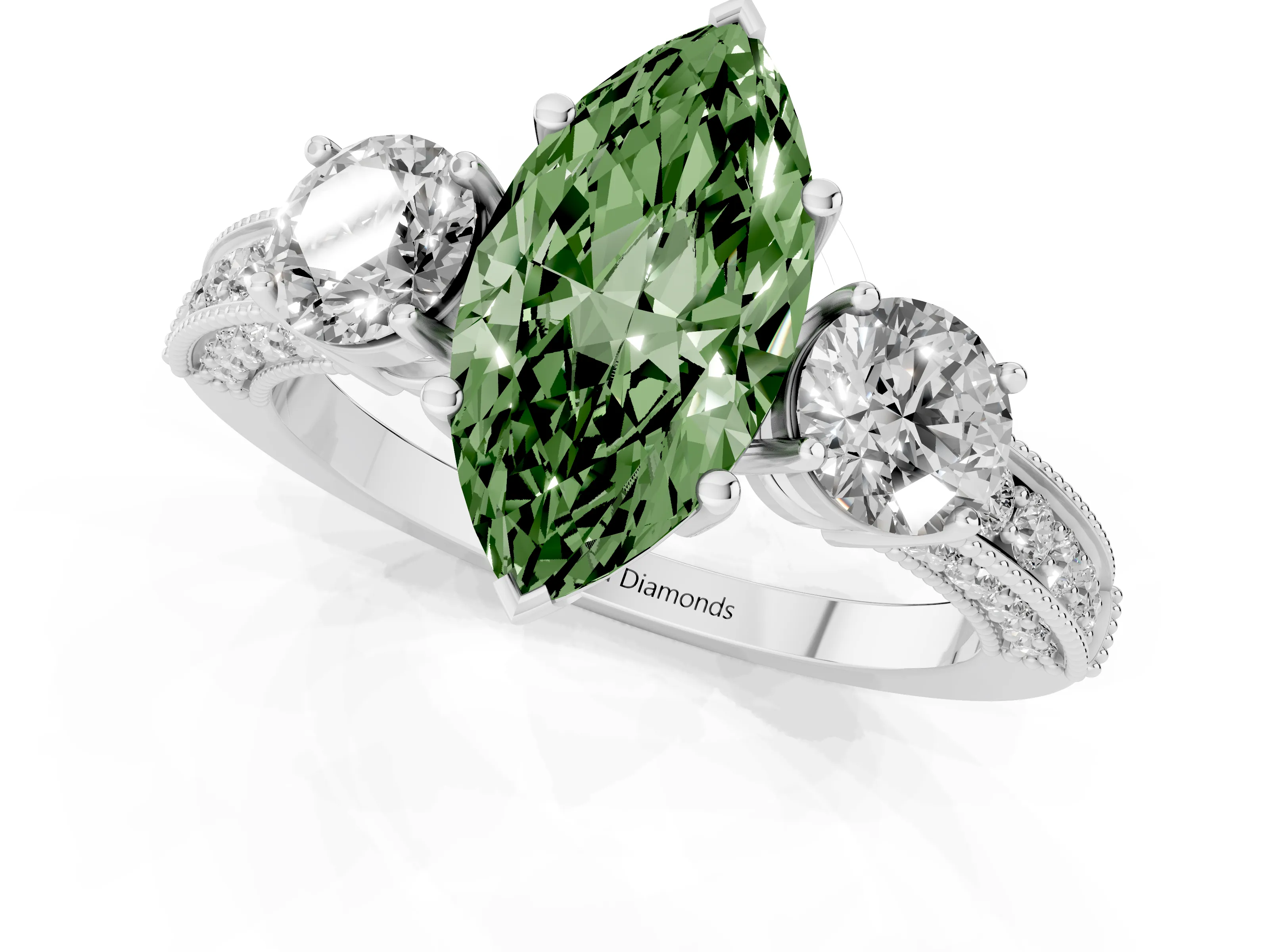 Fancy Green Marquise Cut Diamond Three-Stone Ring Set in Silver with Round Side Stones and Pavé Band