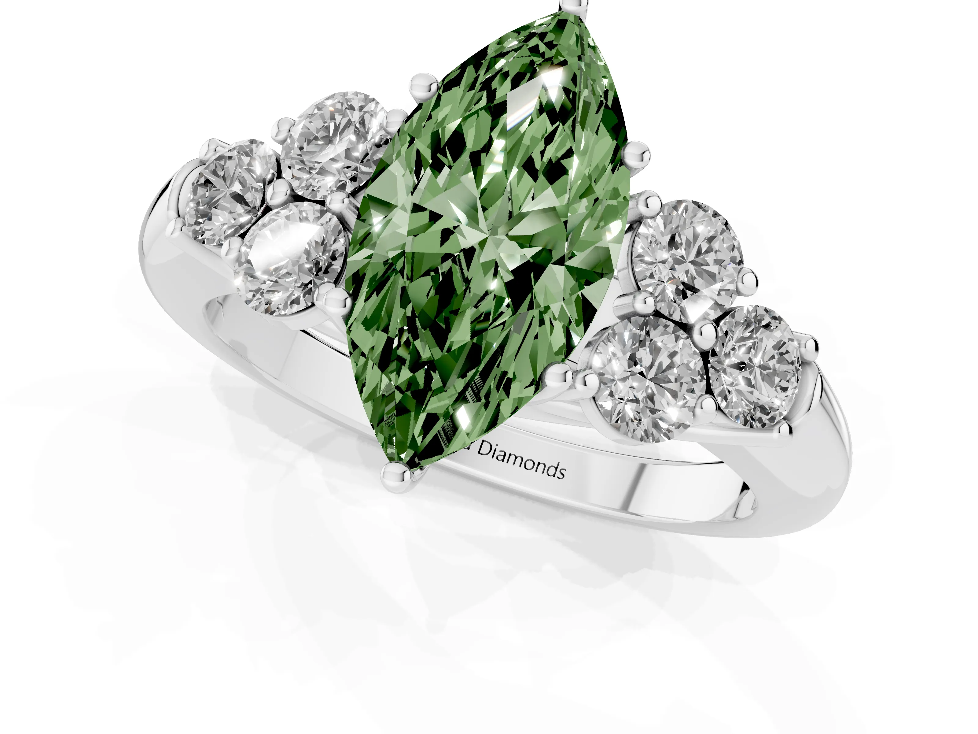 Fancy Green Marquise Cut Diamond Cluster Ring Set in Platinum with Round Accent Stones and Prong Setting on a Plain Band