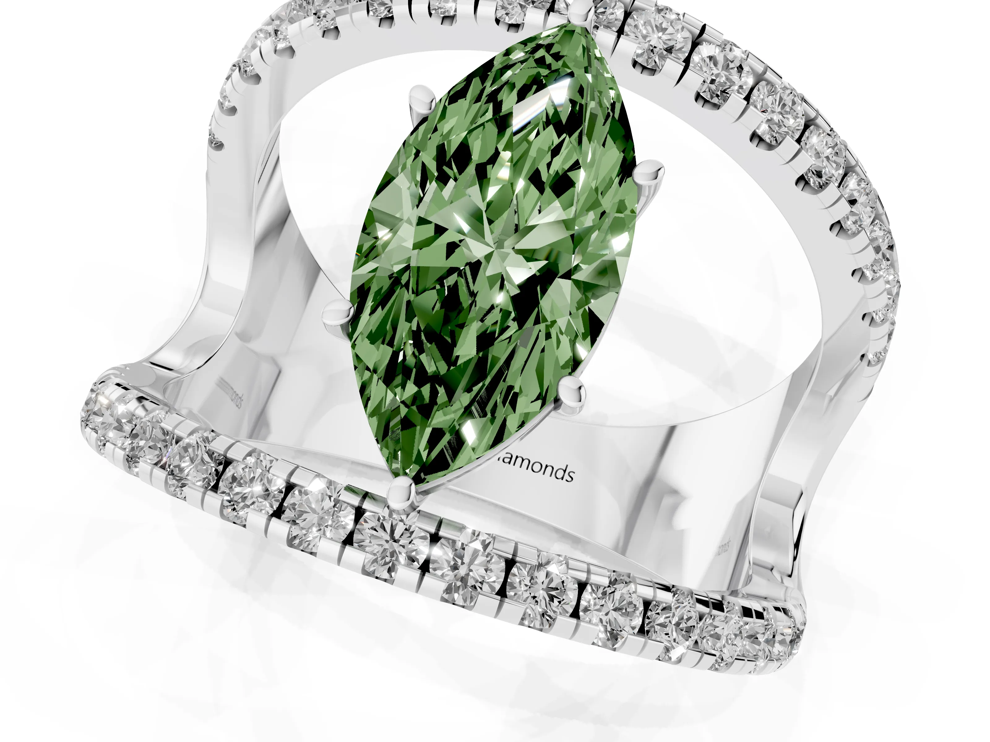Fancy Green Marquise Cut Diamond Split Shank Pavé Solitaire Ring Set in White gold with Open Shank Design
