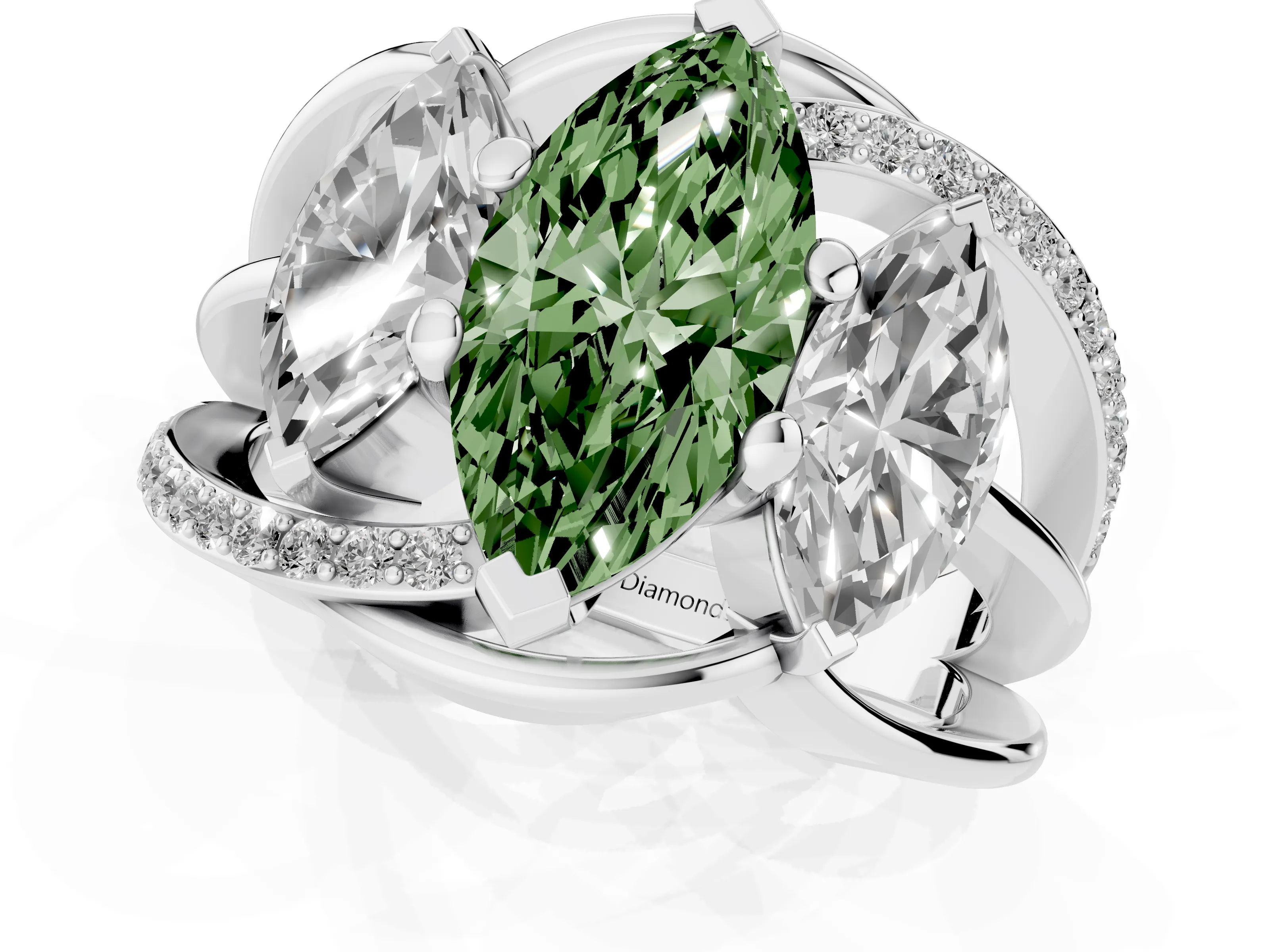 Fancy Green Marquise Cut Diamond Three-Stone Ring Set in Platinum with Split Shank and Prong Setting