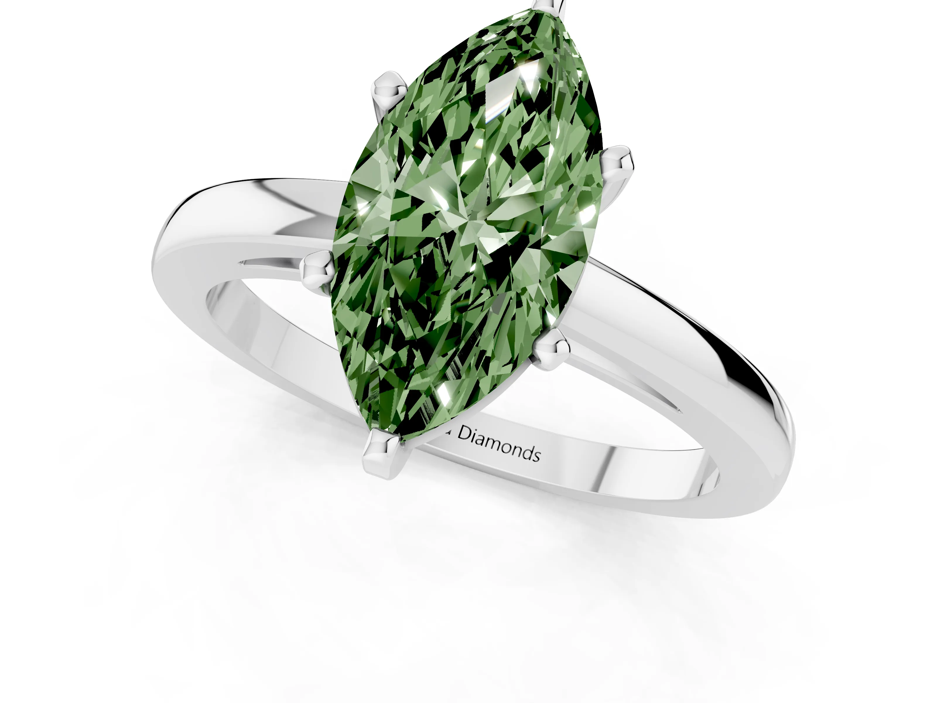 Fancy Green Marquise Cut Diamond Solitaire Engagement Ring Set in Platinum with Prong Setting on a Classic Band