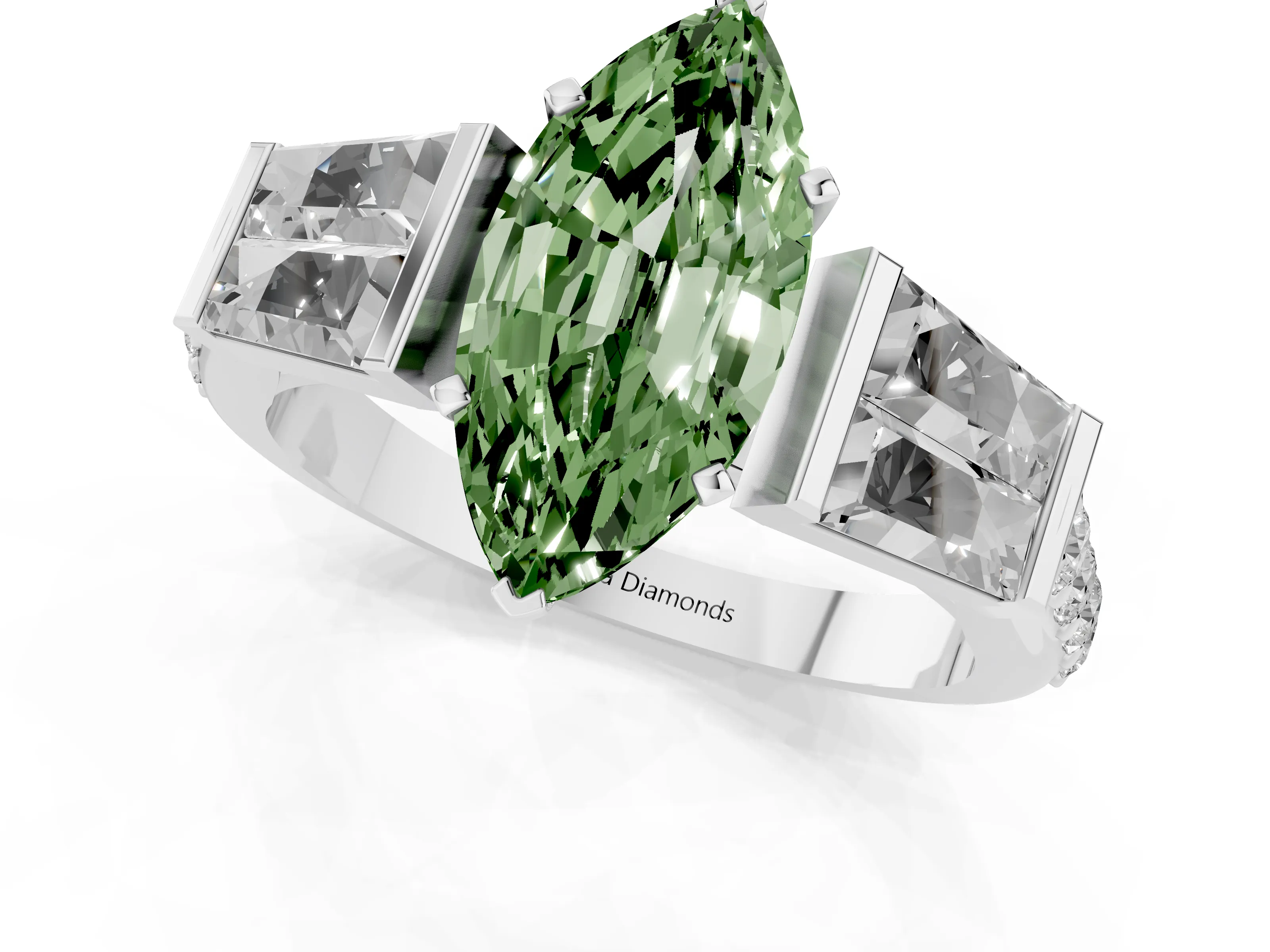 Fancy Green Marquise Cut Diamond Engagement Ring Set in White gold with Baguette Side Stones and Channel Set Band