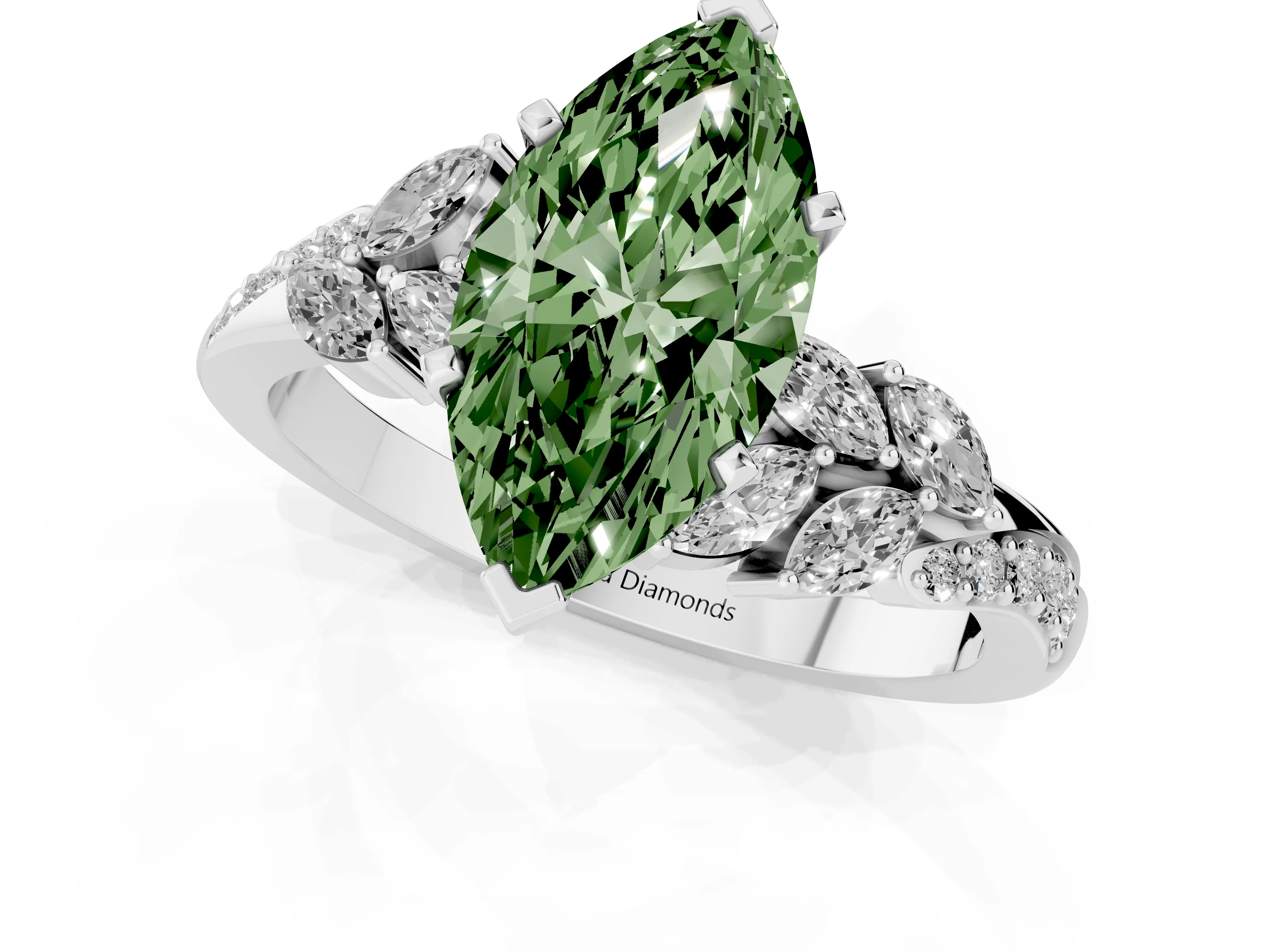 Fancy Green Marquise Cut Diamond Solitaire Ring Set in White gold with Marquise Twist Band and Prong Setting