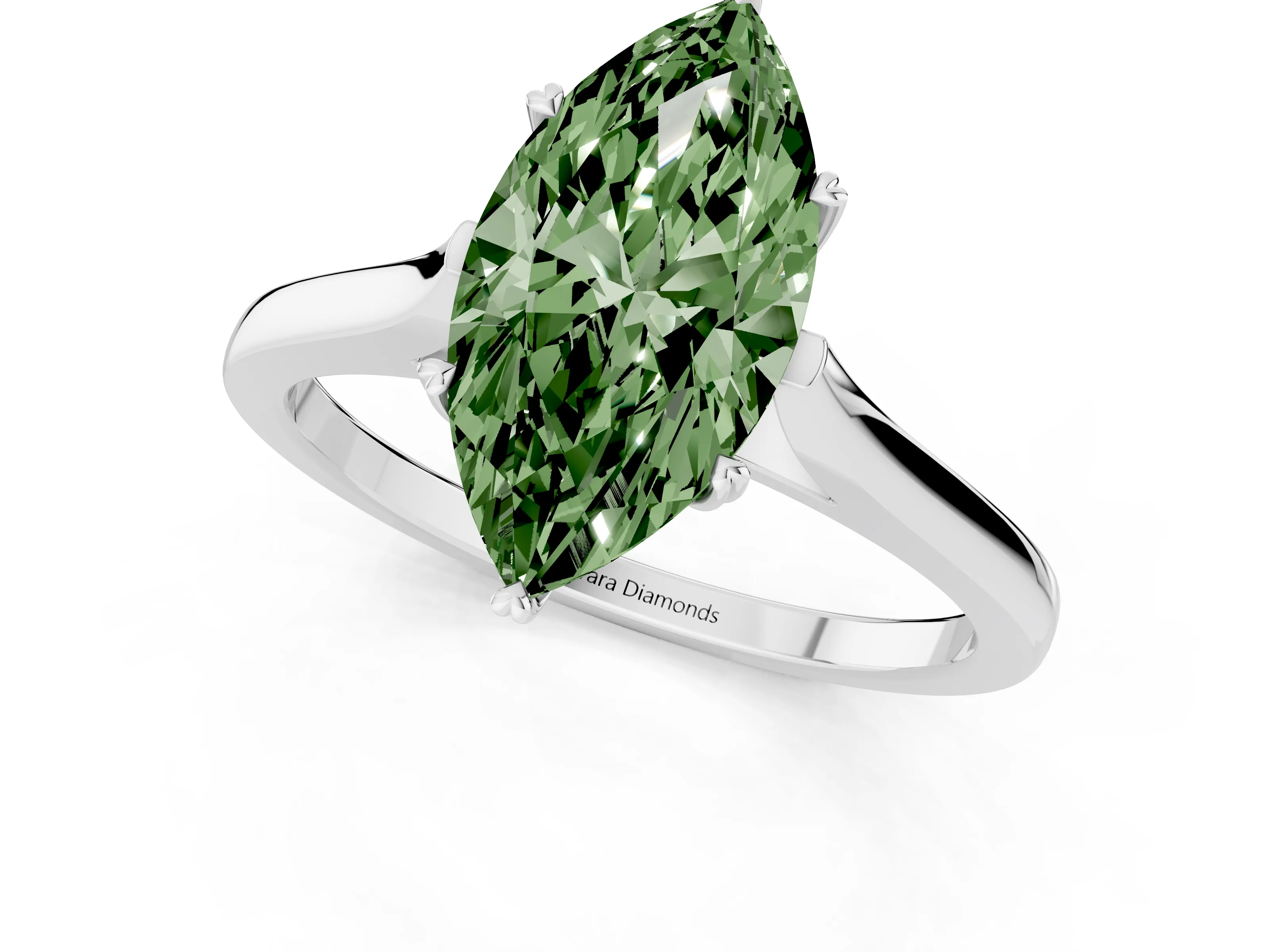 Fancy Green Marquise Cut Diamond Solitaire Heart Prong Engagement Ring Set in Silver with Tapered Band