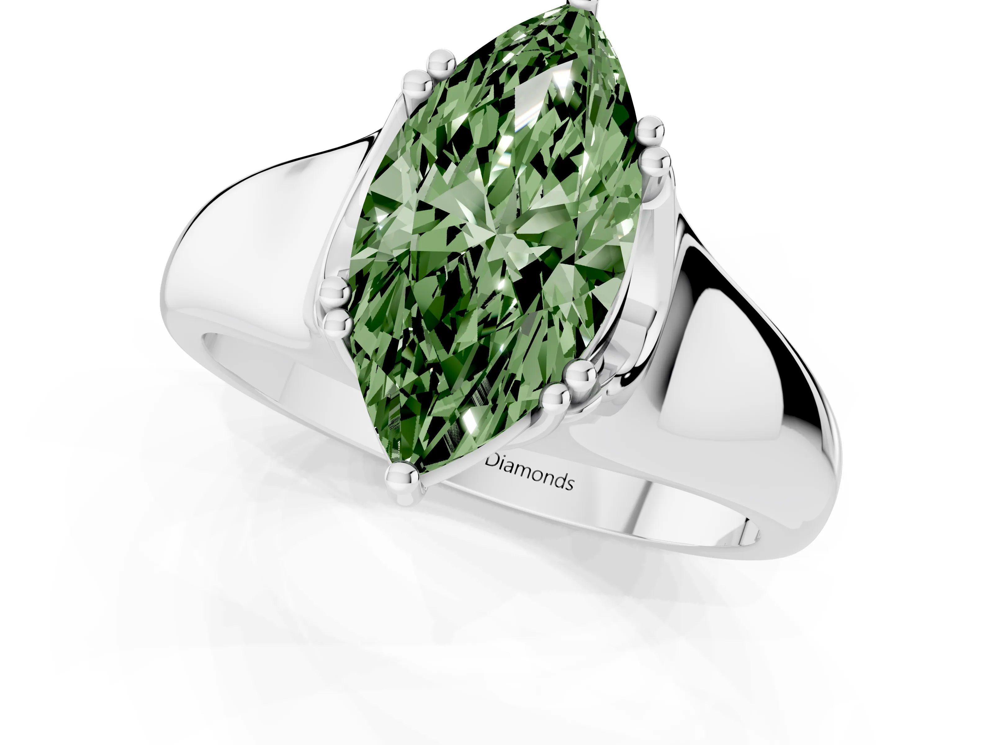 Fancy Green Marquise Cut Diamond Solitaire Ring Set in White gold with Wide Band and Prong Setting