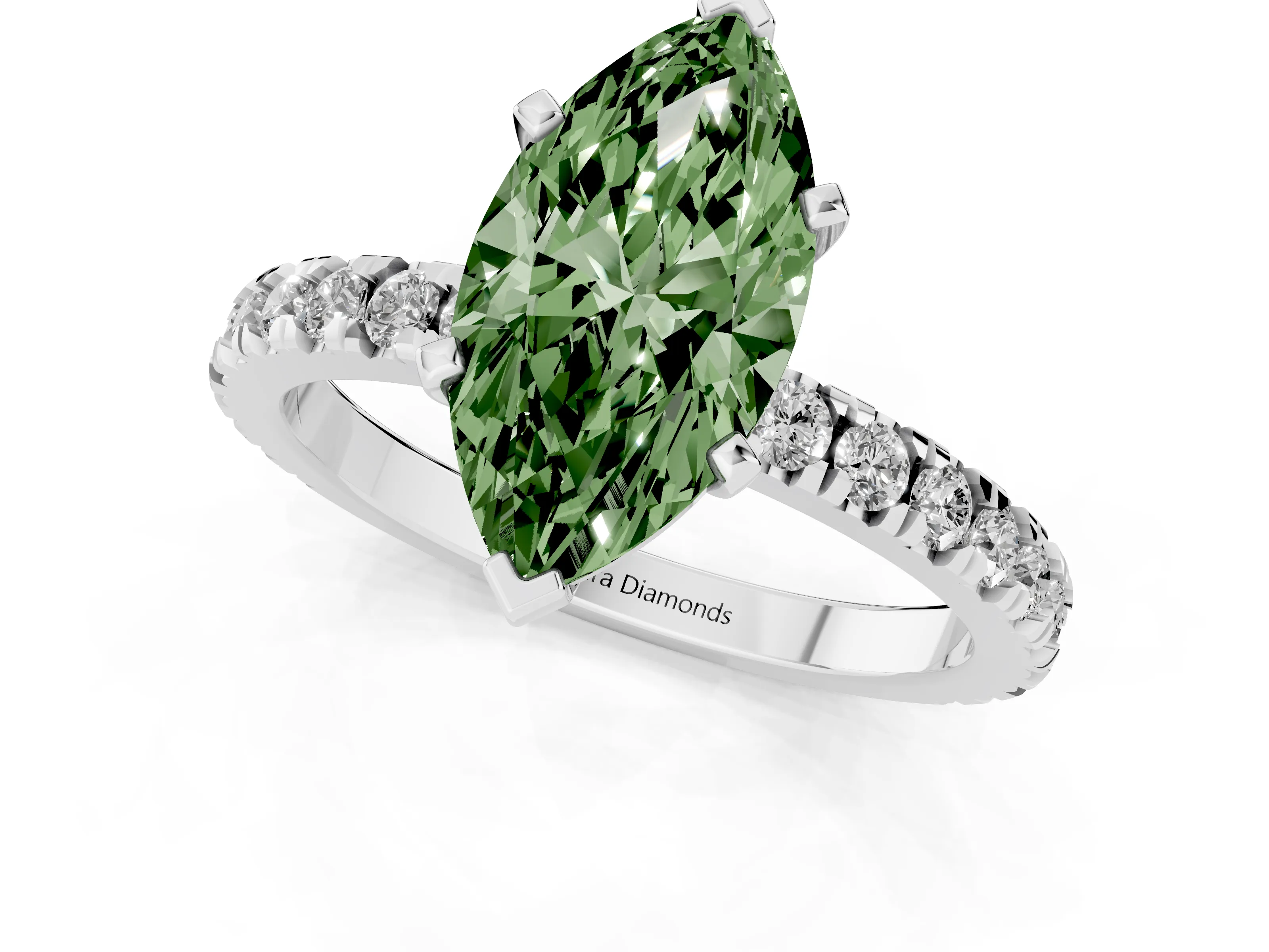 Fancy Green Marquise Cut Diamond Pavé Band Solitaire Set in White gold with Prong Setting