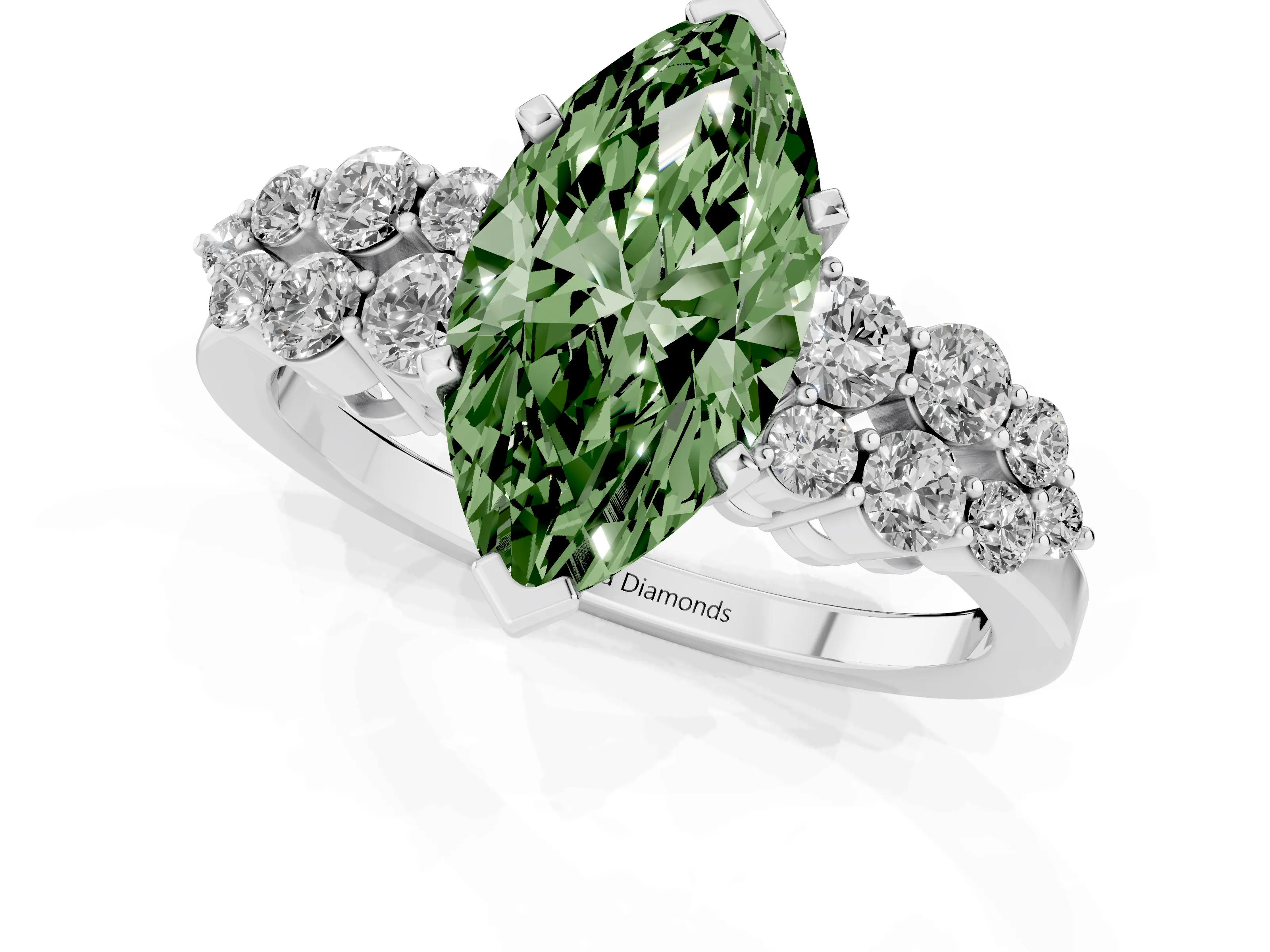 Fancy Green Marquise Cut Diamond Cluster Engagement Ring Set in Silver with Pavé Band and Prong Setting