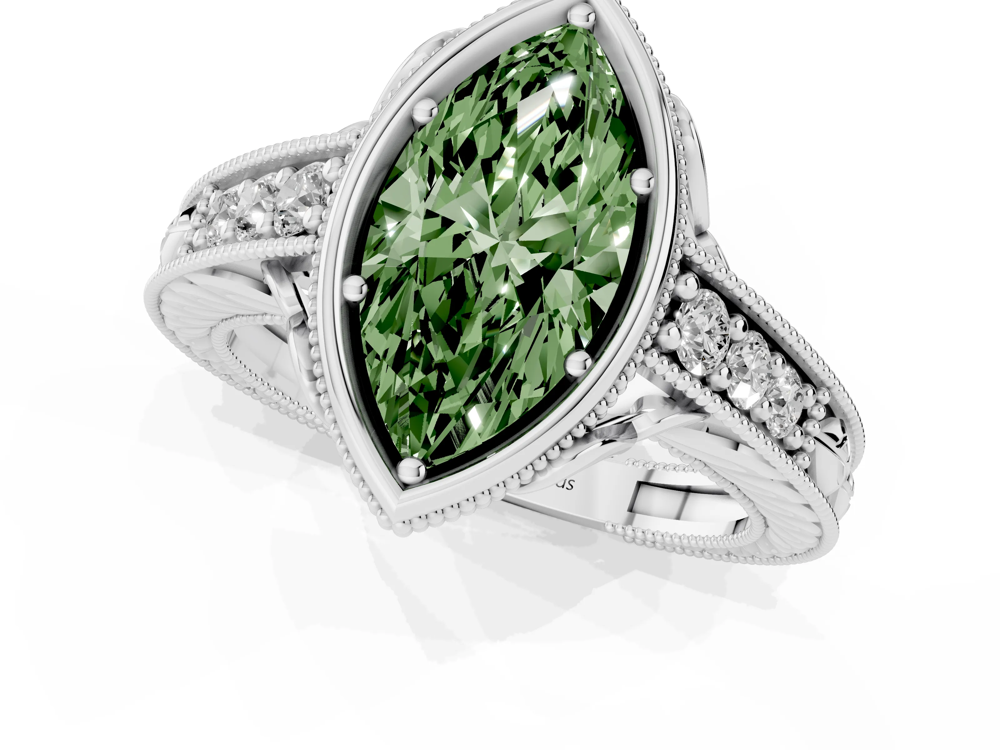 Fancy Green Bezel Set Marquise Cut Diamond Milgrain Pavé Engagement Ring Set in White gold