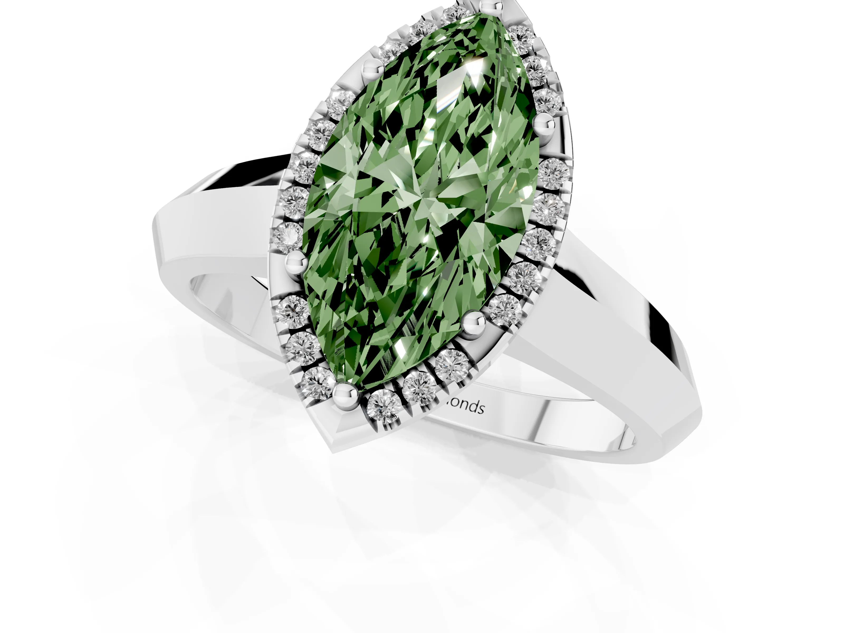 Fancy Green Marquise Cut Diamond Halo Ring Set in Silver with Cathedral Band and Prong Setting