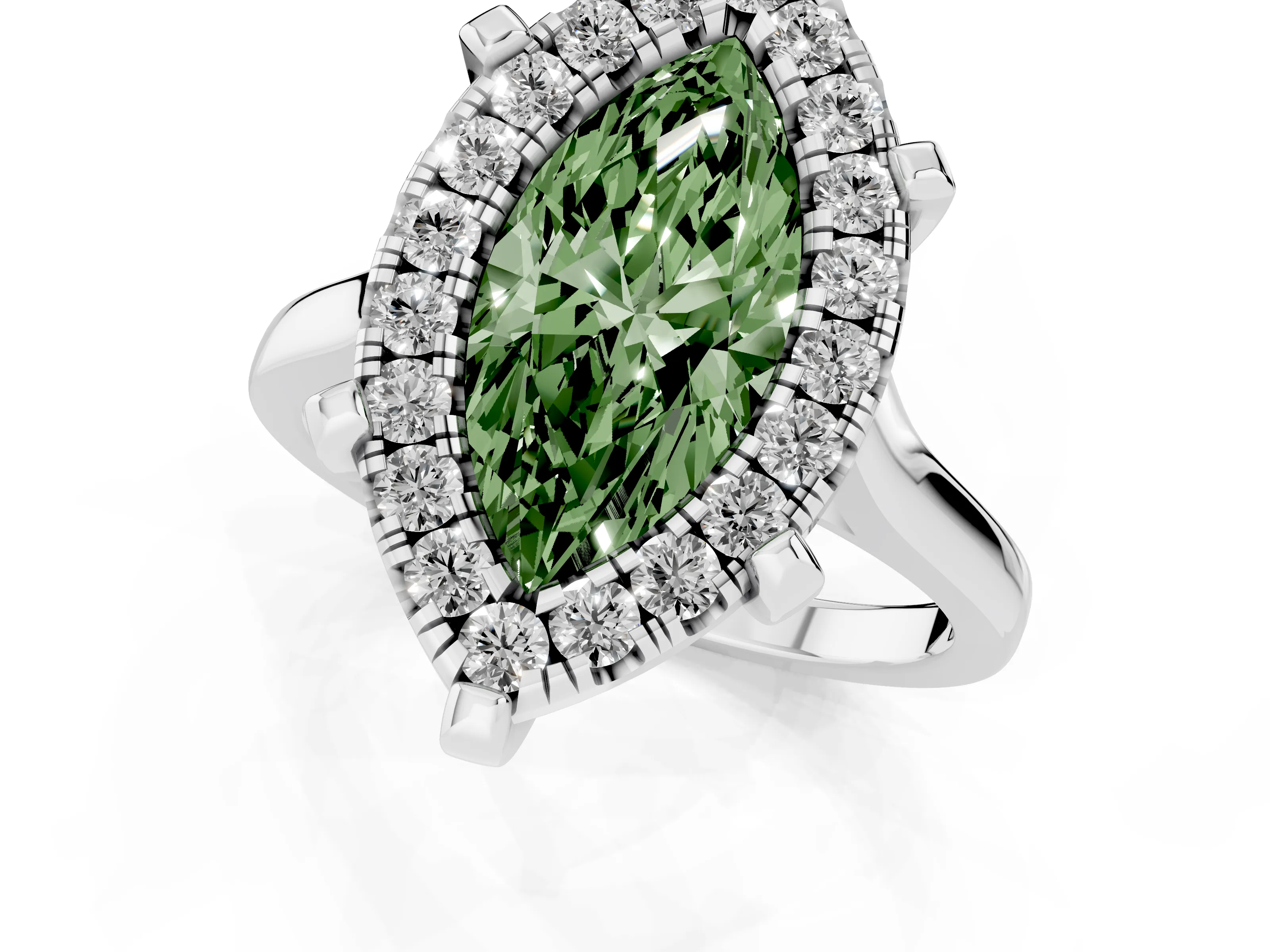 Fancy Green Marquise Cut Diamond Cluster Halo Solitaire Ring Set in Platinum with Prong Setting