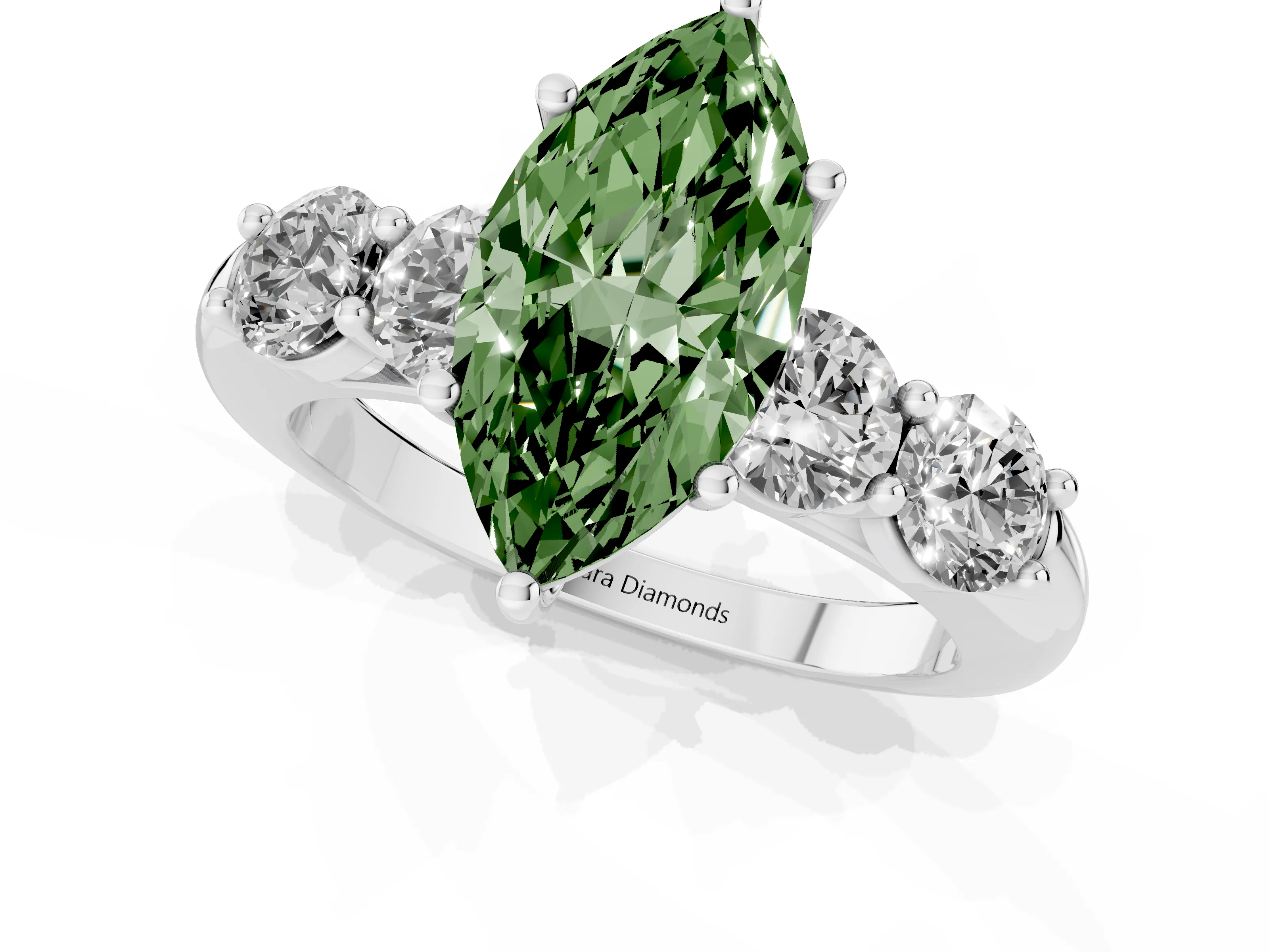 Fancy Green Marquise Cut Diamond Five-Stone Prong Set Ring Set in White gold with Classic Band