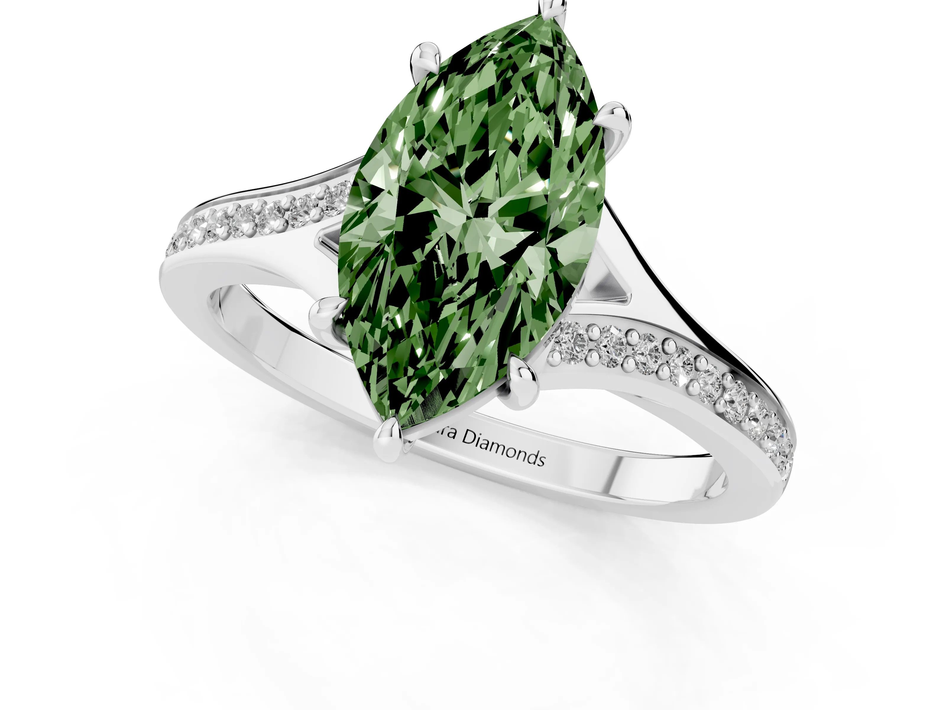 Fancy Green Marquise Cut Diamond Solitaire Ring Set in White gold with Pavé Accent Band and Classic Prong Setting
