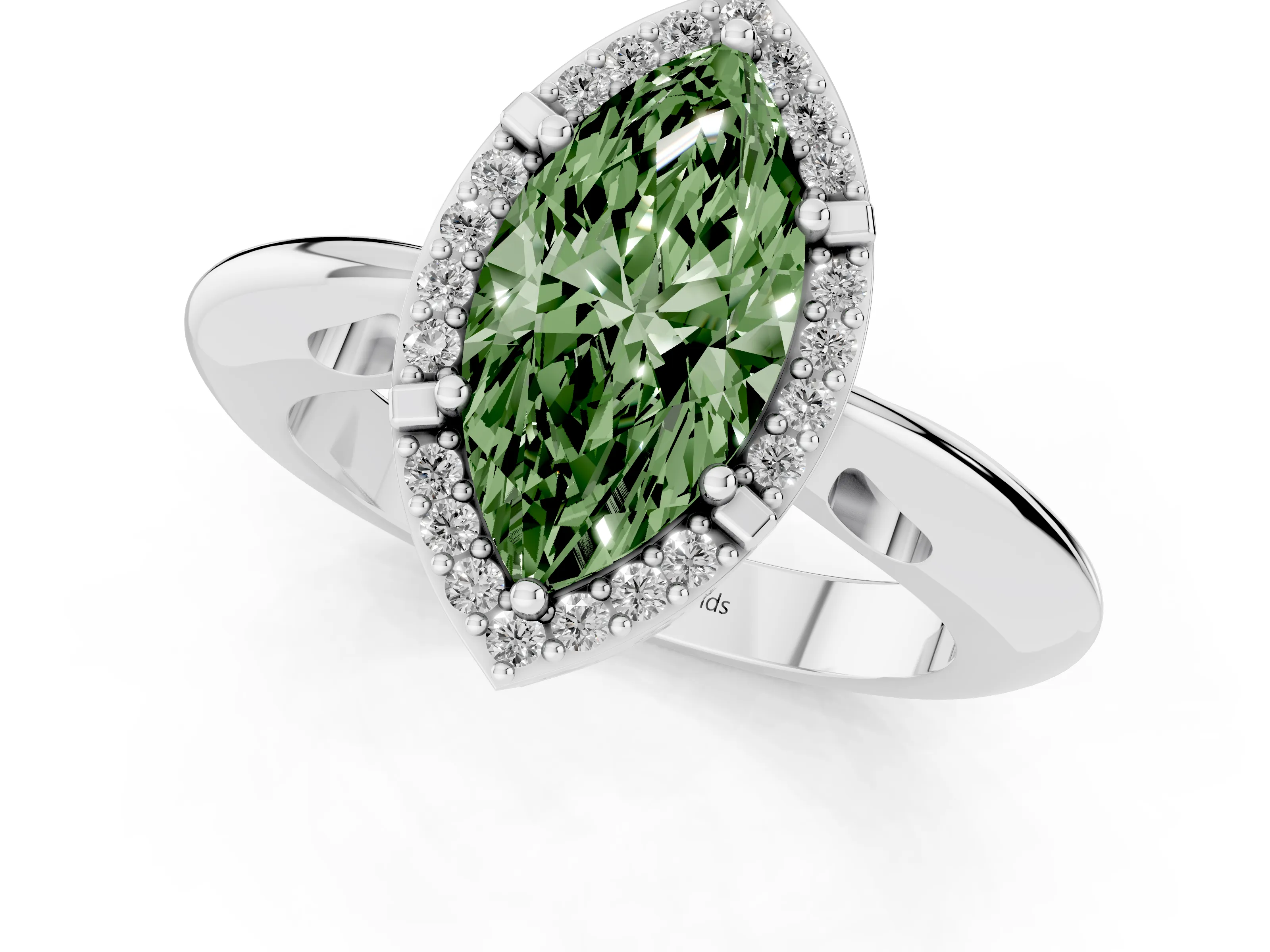Fancy Green Marquise Cut Diamond Halo Engagement Ring Set in White gold with Plain Split Shank and Prong Setting