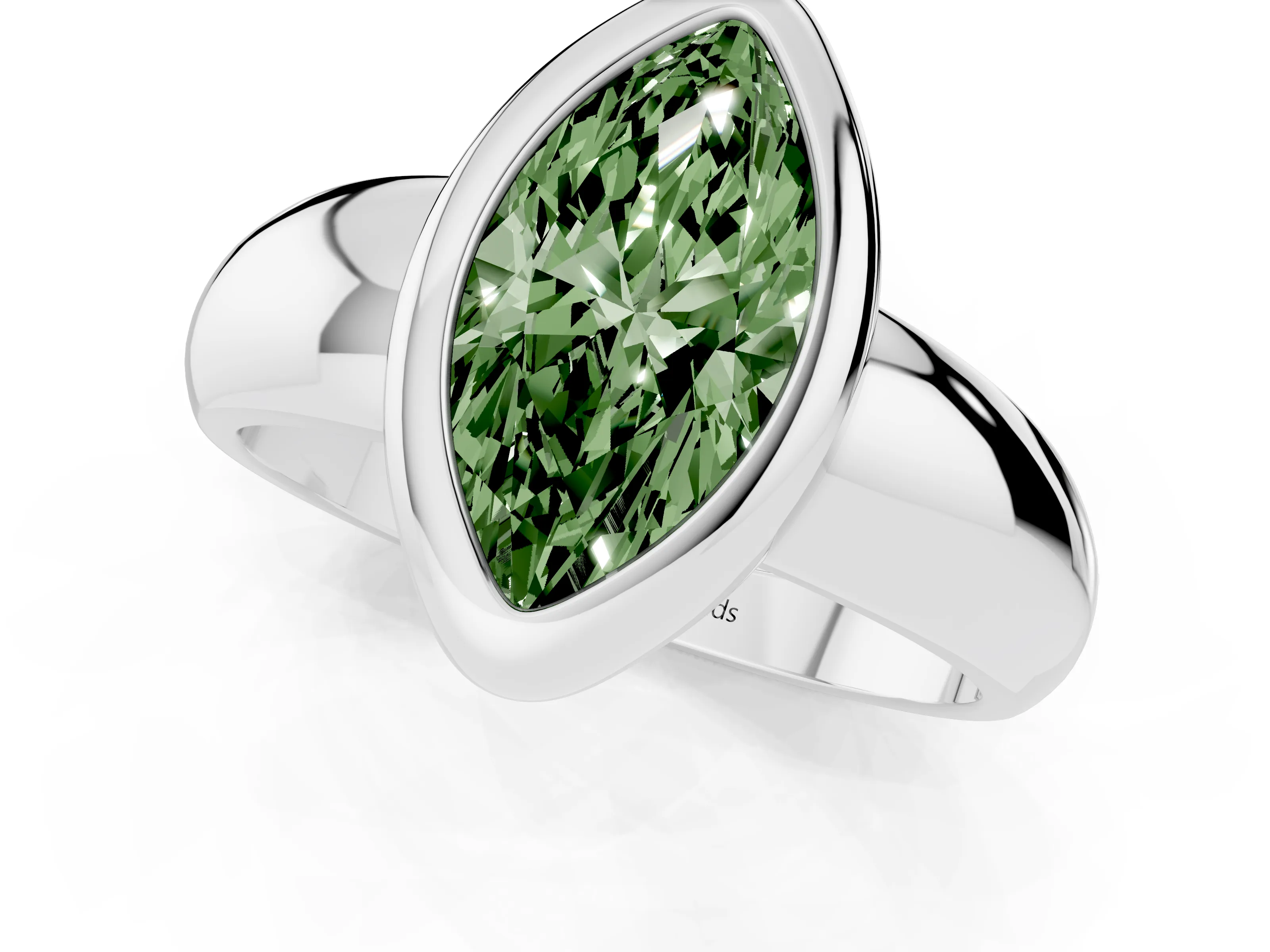Fancy Green Bezel Set Marquise Cut Diamond Solitaire Ring Set in Silver with Wide Band