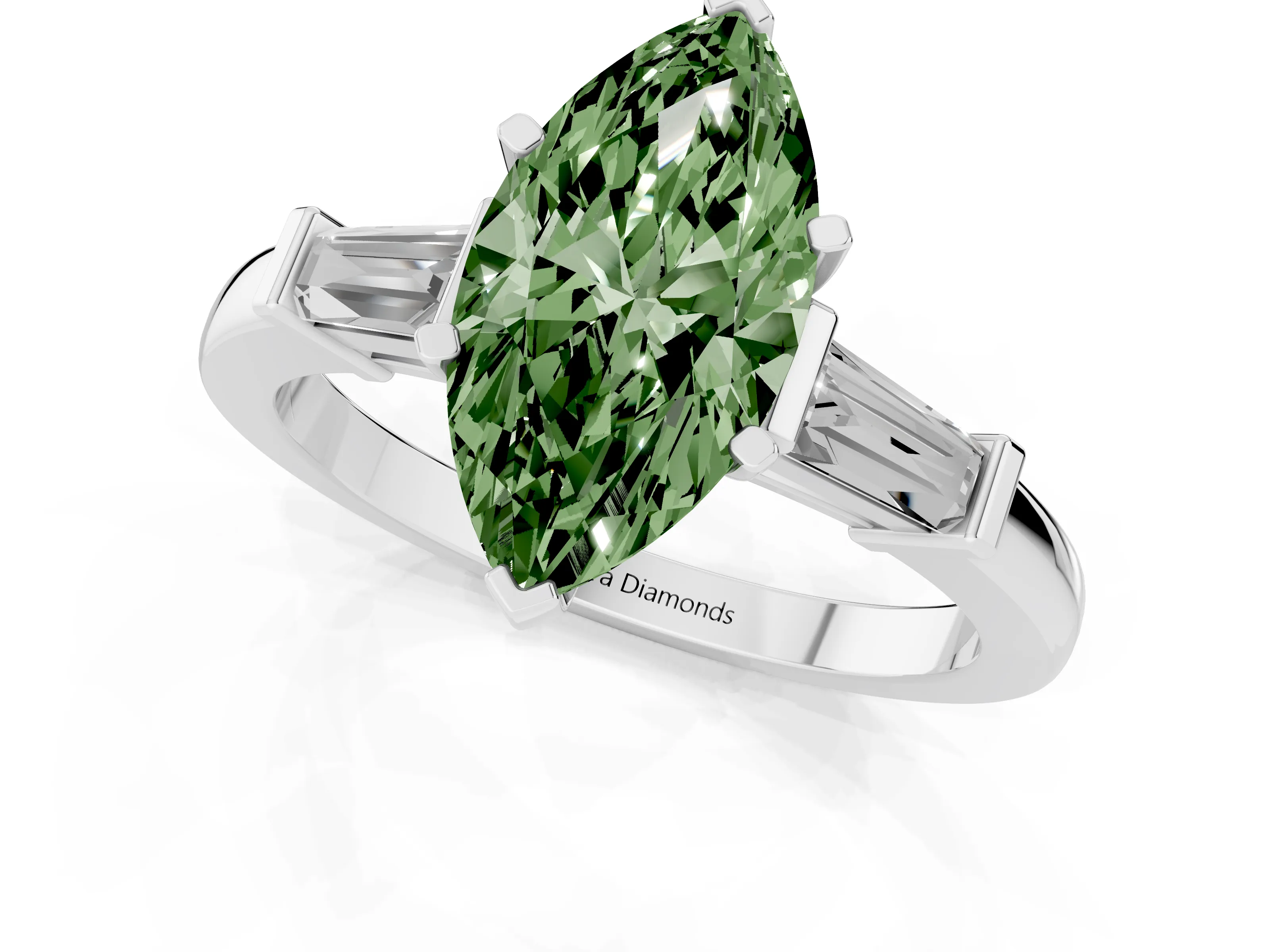 Fancy Green Marquise Cut Diamond Solitaire Ring Set in White gold with Tapered Baguette Accents and Prong Setting
