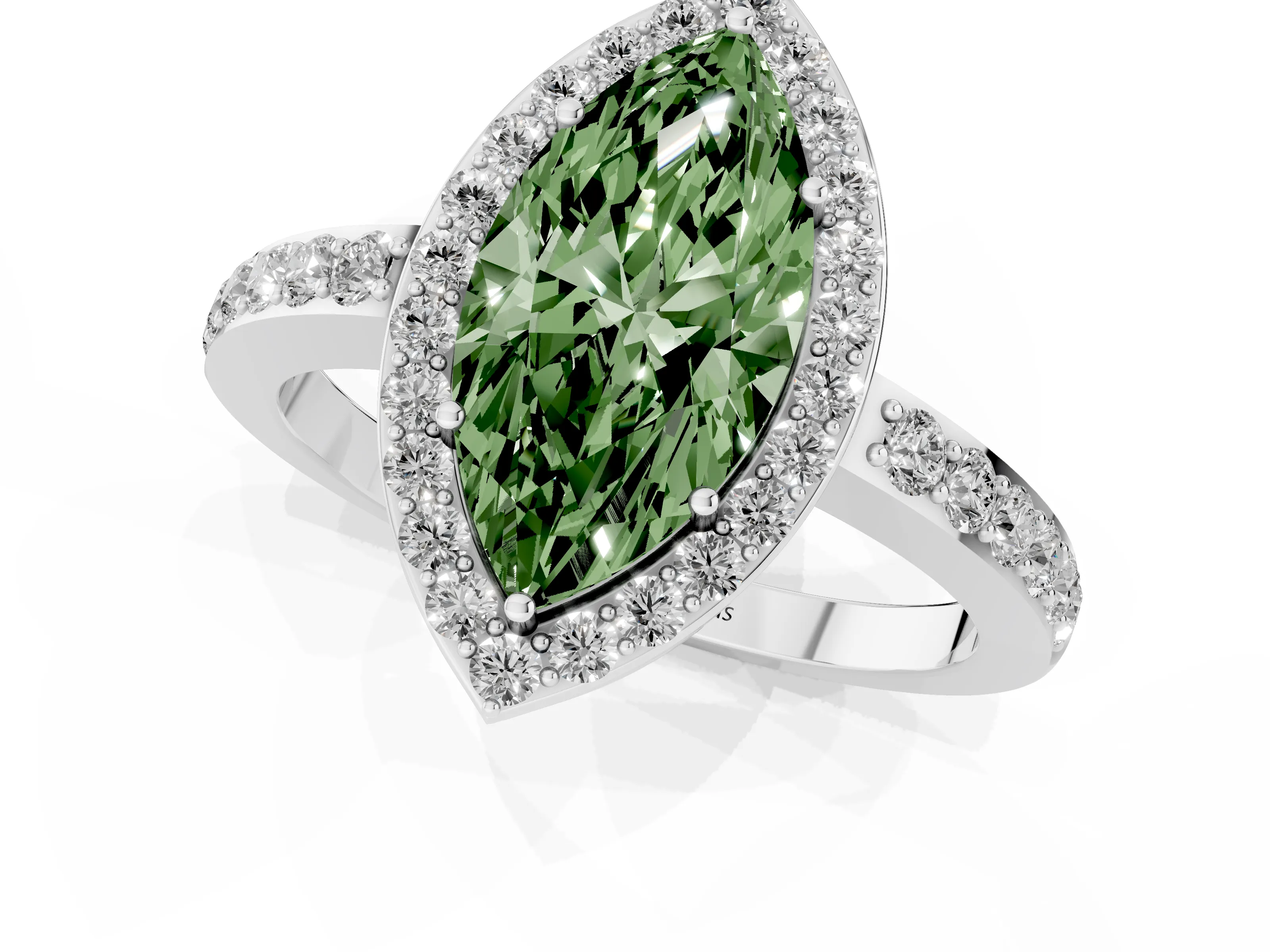 Fancy Green Marquise Cut Diamond Halo Ring Set in White gold with Pavé-Setting Band and Open Prong Center