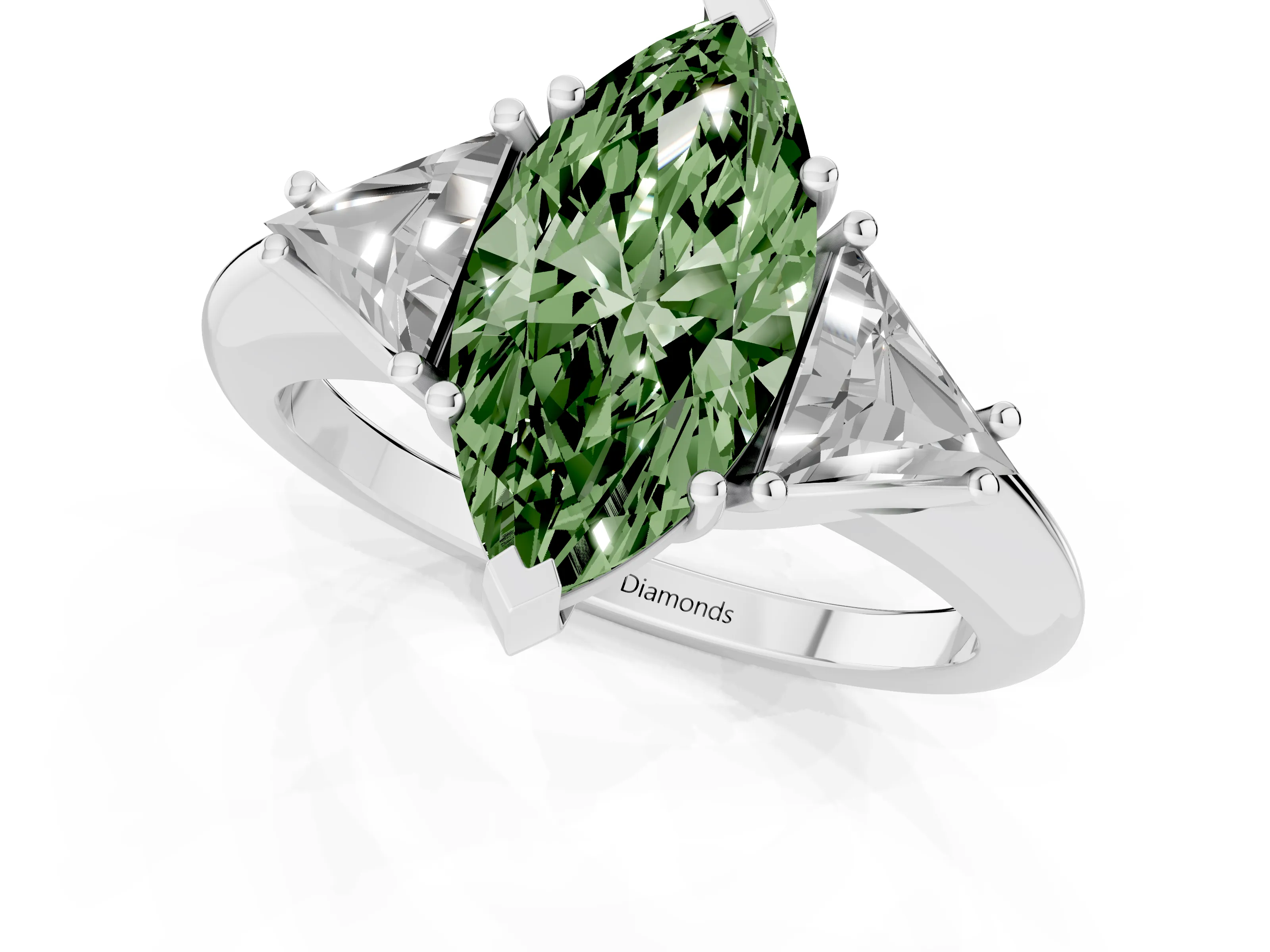 Fancy Green Marquise Cut Diamond Three-Stone Engagement Ring Set in Silver with Trillion Side Stones