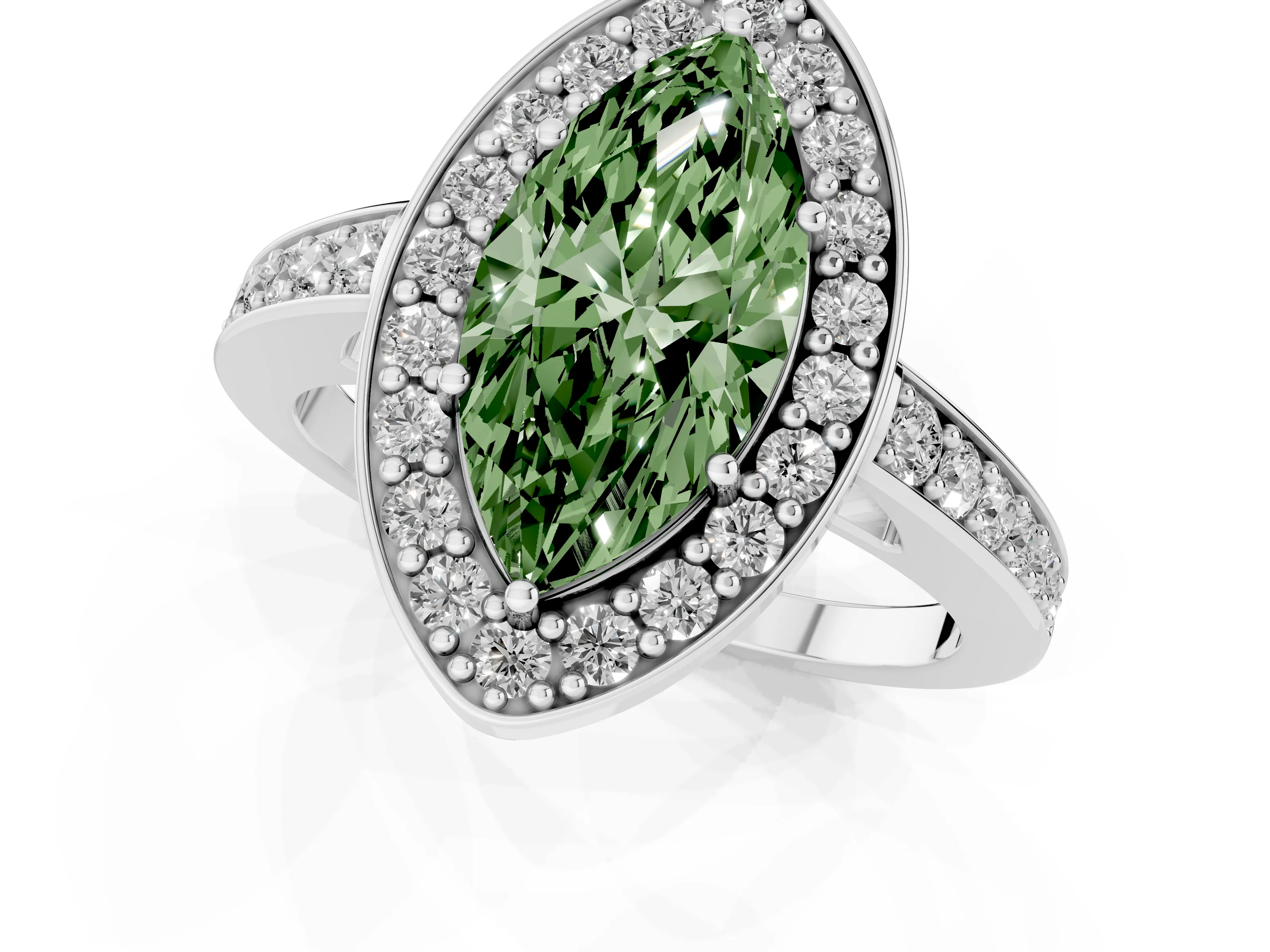 Fancy Green Marquise Cut Diamond Halo Pavé Engagement Ring Set in White gold with Bezel Setting