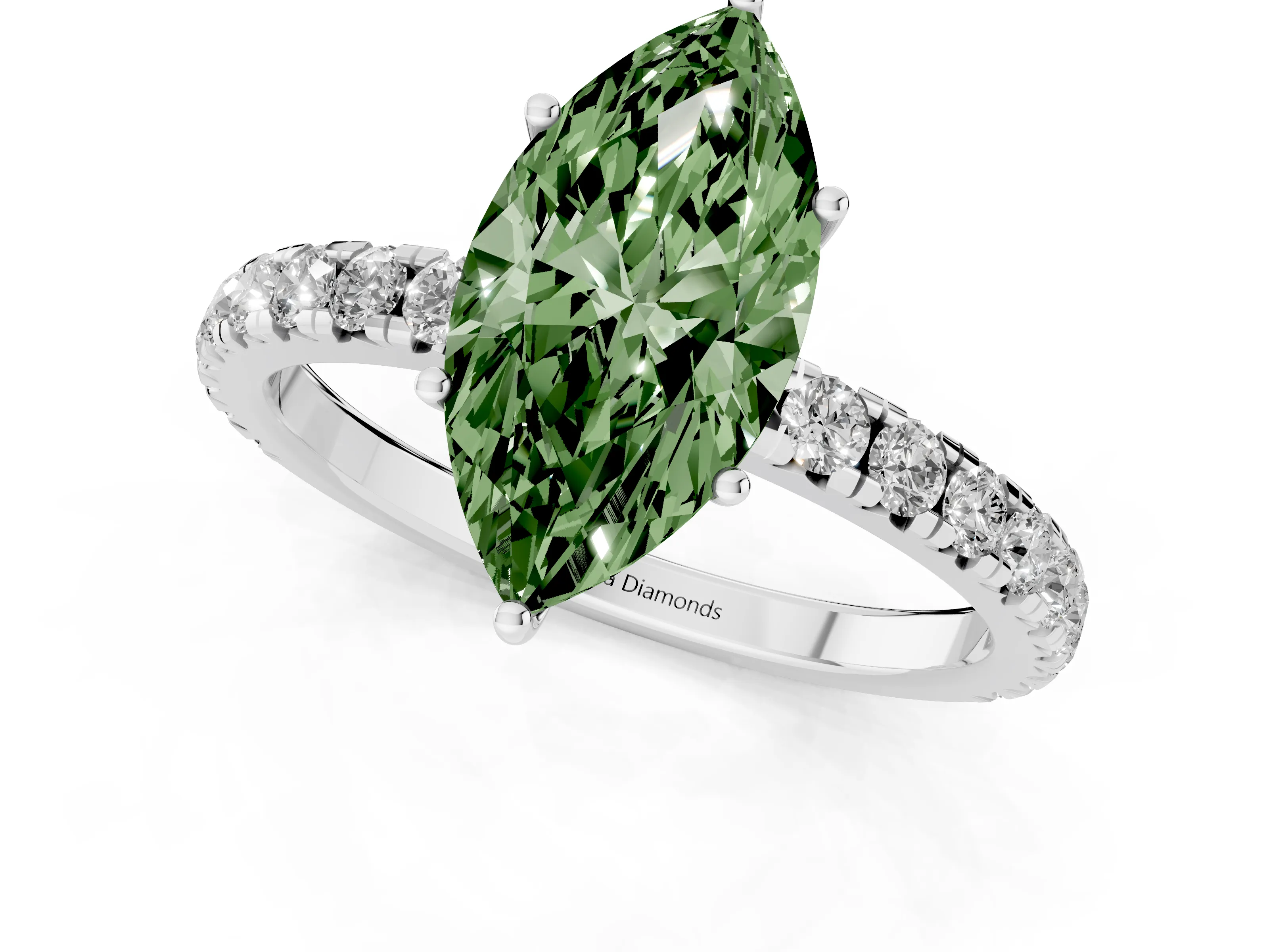 Fancy Green Marquise Cut Diamond Pavé Solitaire Engagement Ring Set in Silver with Prong Setting