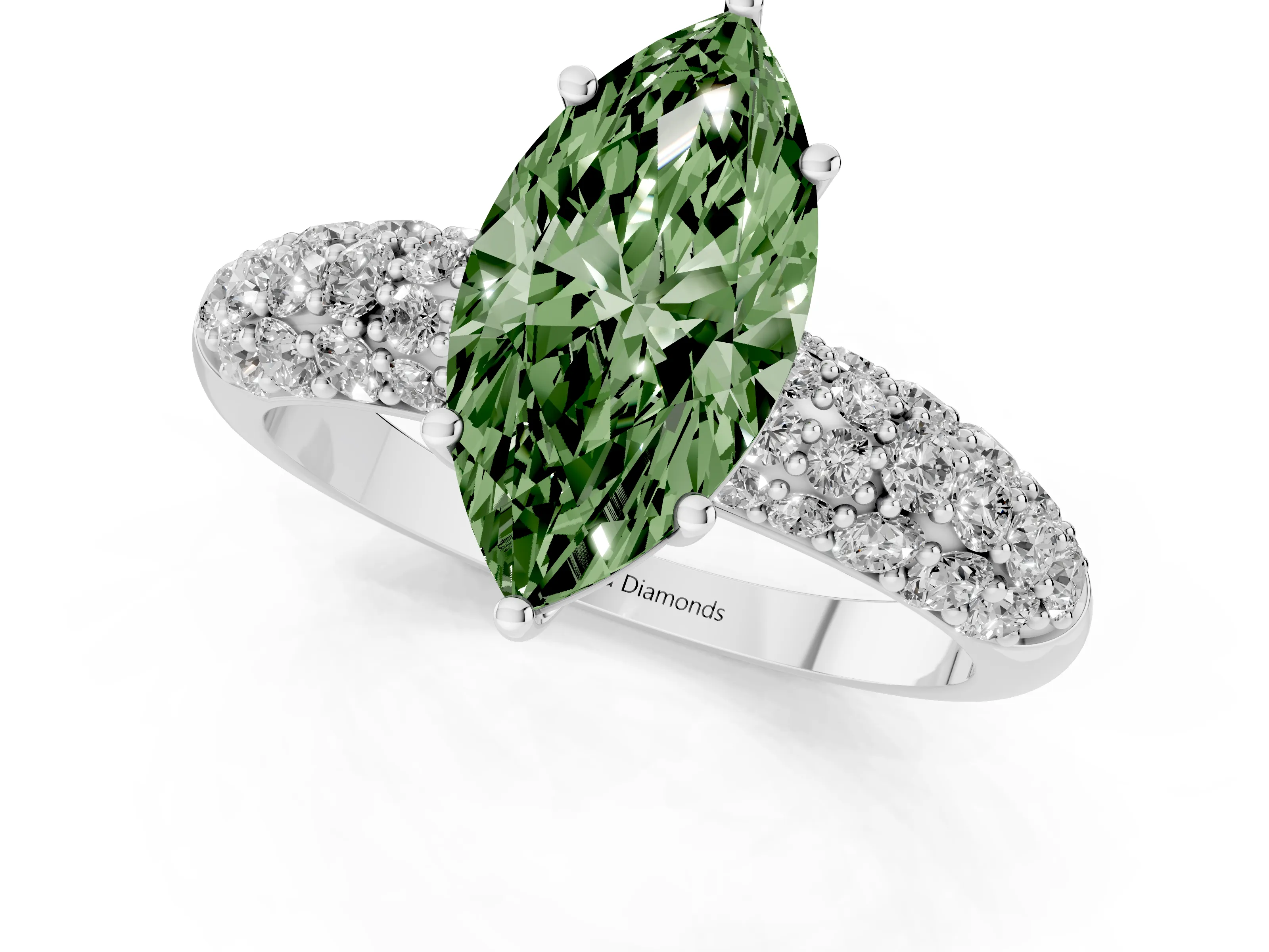 Fancy Green Marquise Cut Diamond Pavé Band Solitaire Ring Set in White gold with Close-Set Accent Stones and Prong Setting